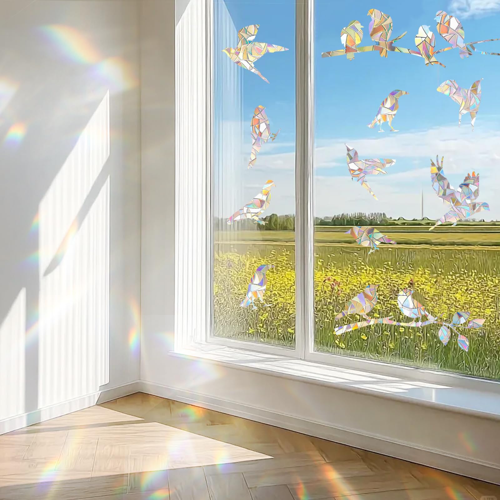 Simpeak Autocollants de Fenêtre Prisme, Attrape-Soleil Adhésifs Vitre, Stickers Muraux PVC Anti-Collision, Décorations Transparentes pour Salle à Manger Chambre, 2 Feuilles (Petit oiseau)