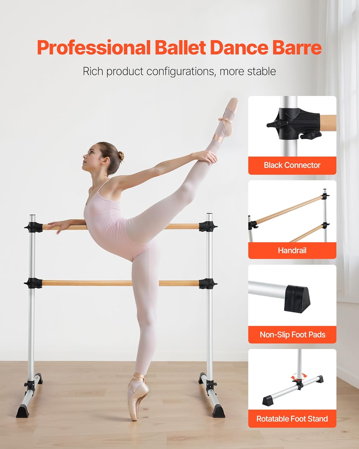VEVOR Ballet Barre, Barre Bar for Home, Freestanding Portable Ballet Stretching Dance Bars, Height Adjustable Anti-Wobble Fitness Gym Studio Equipment