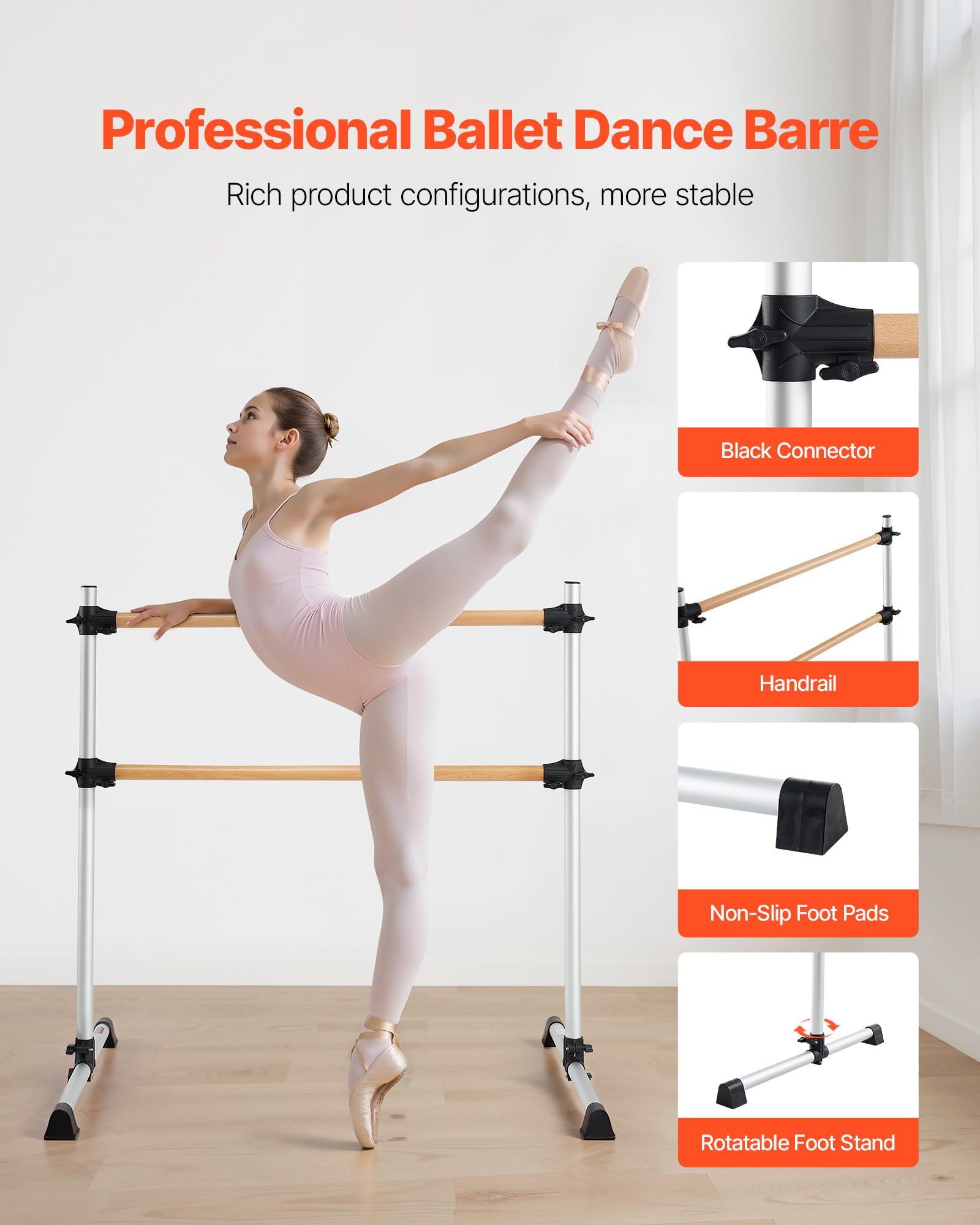 VEVOR Barra de Ballet Independiente Doble, Madera, Entrenamiento de Equilibrio, 1260x760x1180 mm, Carga 136 kg