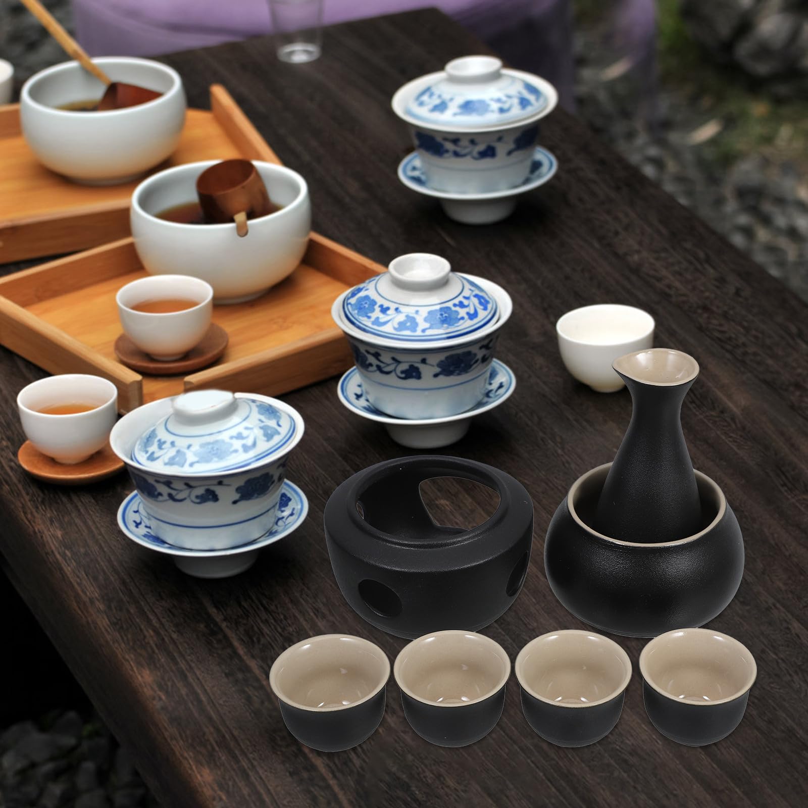 VOSAREA Ensemble de Saké Japonerie Réchauffeur Stable et Facile à Nettoyer en Céramique Noire Tasse 45 ML avec Bouteille Tokkuri 300 ML pour Dégustation Traditionnelle