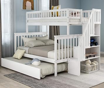 Bunk Bed for Kids, Twin Over Full Solid Wood Bunk Beds Frame with Trundle/Storage Shelf/Stairway/Full-Length Guard Rail, No Box Spring Needed White + Pine