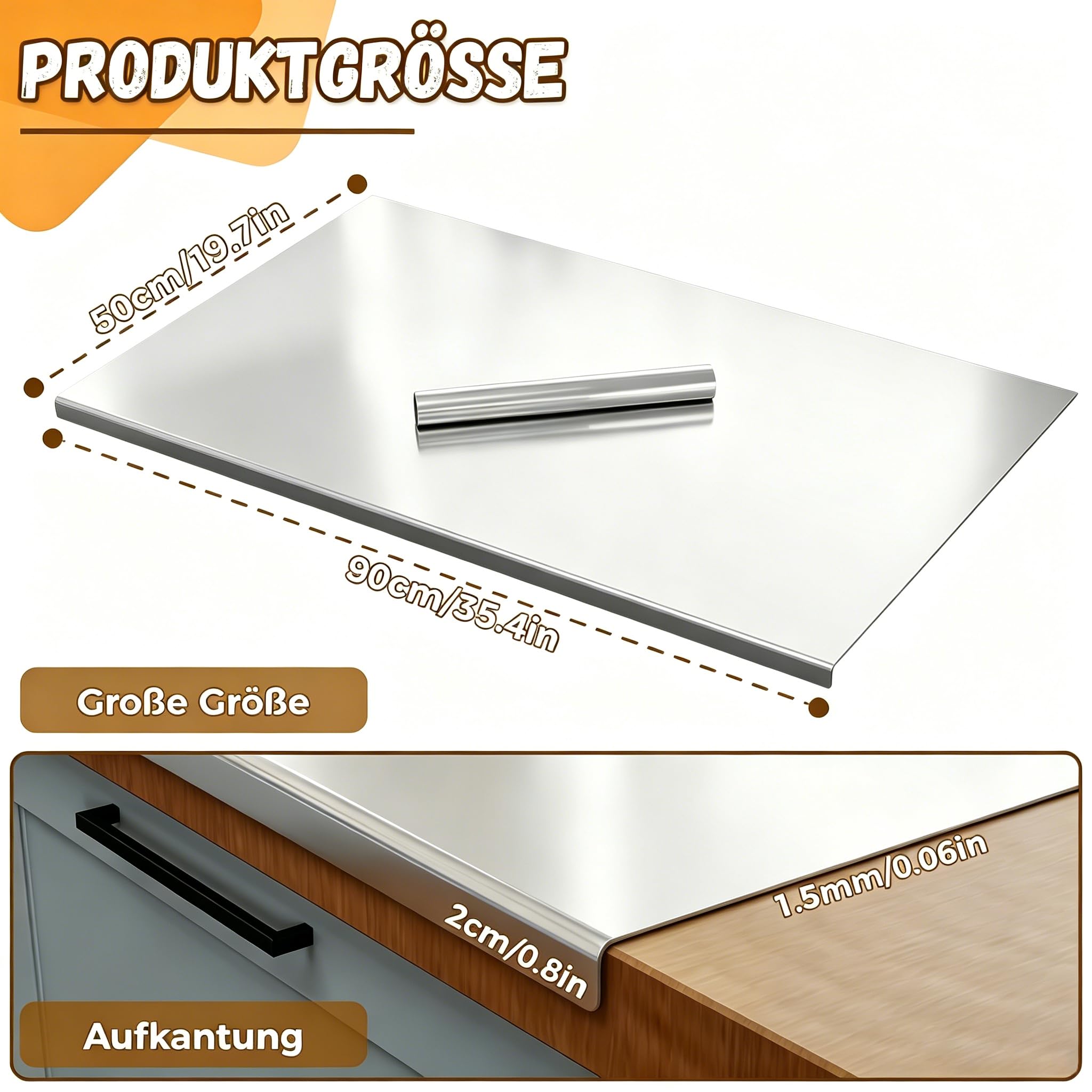 Edelstahl Arbeitsplatte mit Kante 90×50cm Schneidebrett Edelstahl mit Nudelholz aus Edelstahl und Rutschfeste Matte Schneidbretter für Arbeitsplatte Küche, Bar, Restaurants