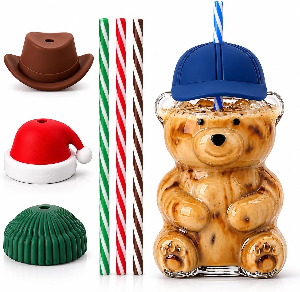 Teddy Bear Glass Cup with 4 Interchangeable Hat Lids & 4 Reusable Straws, 17 oz Bear Shaped Glass Tumbler for Iced Coffee, Matcha, Smoothies & Cold Drinks