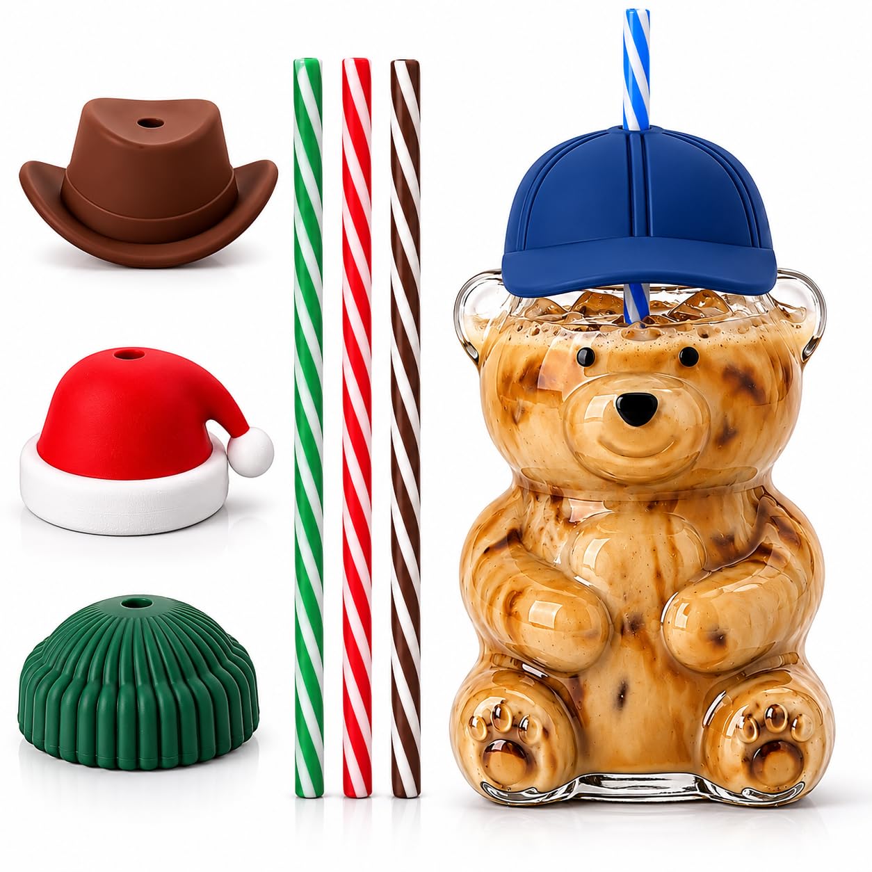 Teddy Bear Glass Cup with 4 Interchangeable Hat Lids & 4 Reusable Straws, 17 oz Bear Shaped Glass Tumbler for Iced Coffee, Matcha, Smoothies & Cold Drinks