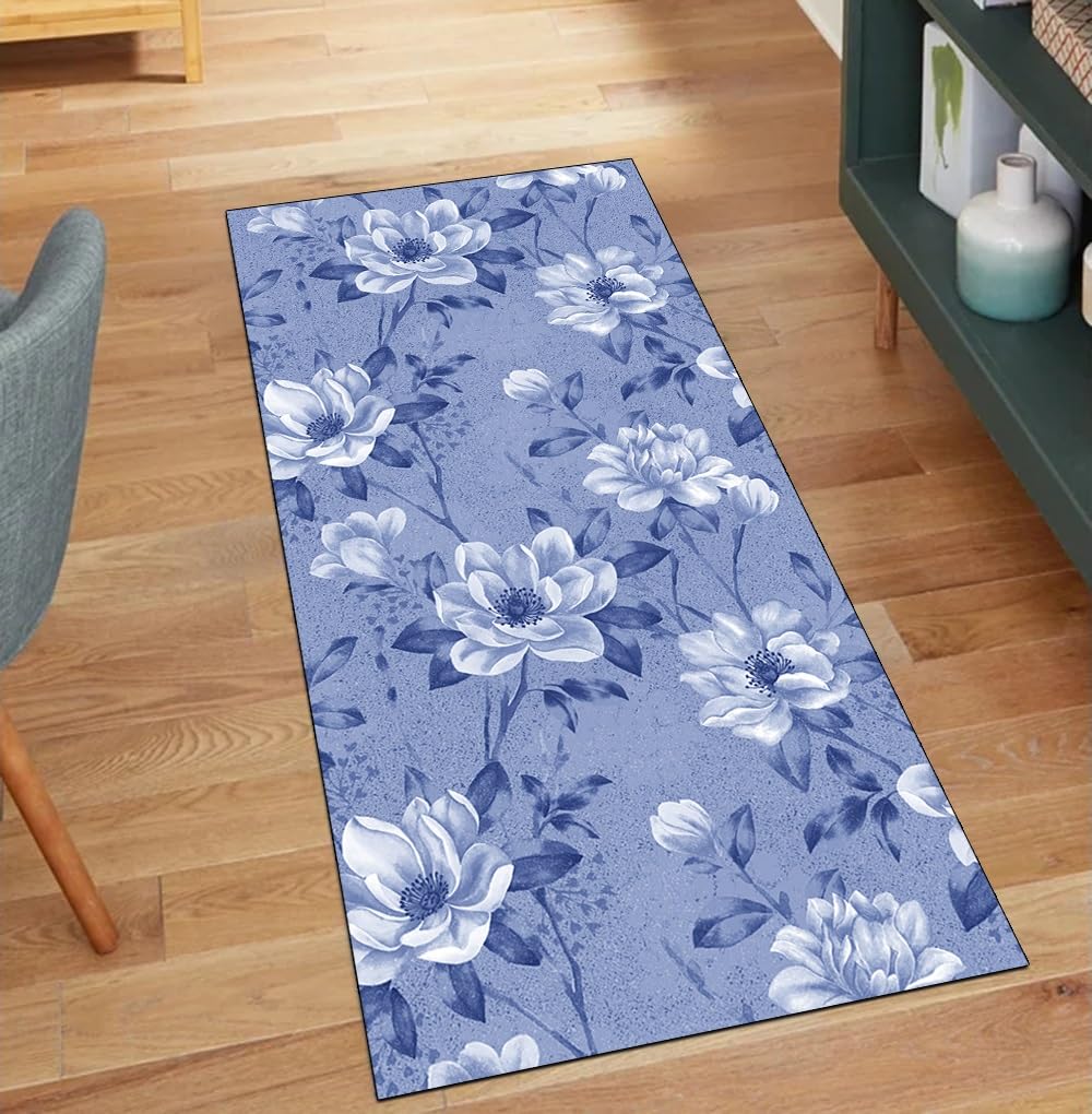 Tapis de couloir antidérapant évitez les glissades cuisine motif floral bleu