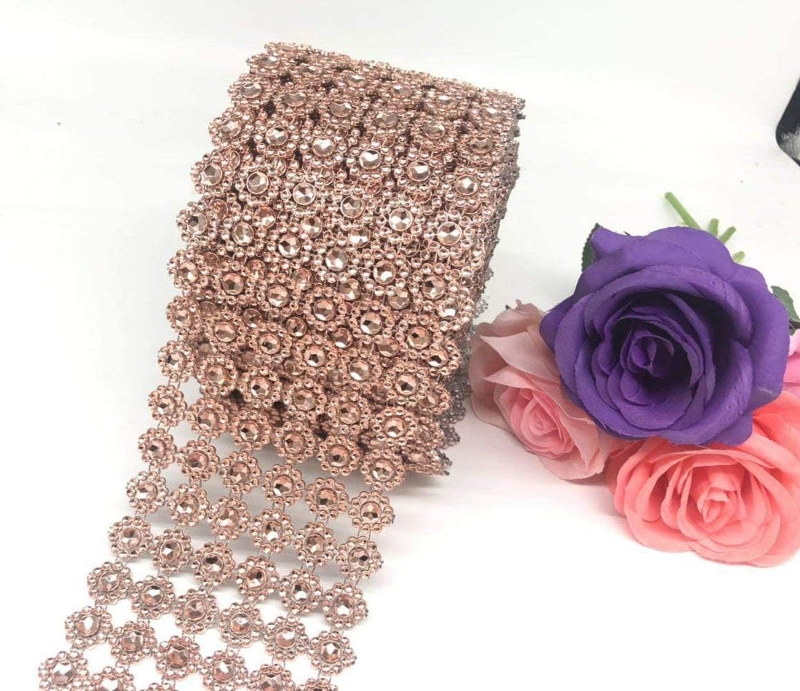 Bestenrose Rhinestone Flower Diamond Mesh Wrap Roll Faux Crystal Rhinestone Ribbon for Wedding Birthday Decorations Arts Crafts 6 Rows 10 Yard/Roll (Rose Gold) - Image 4