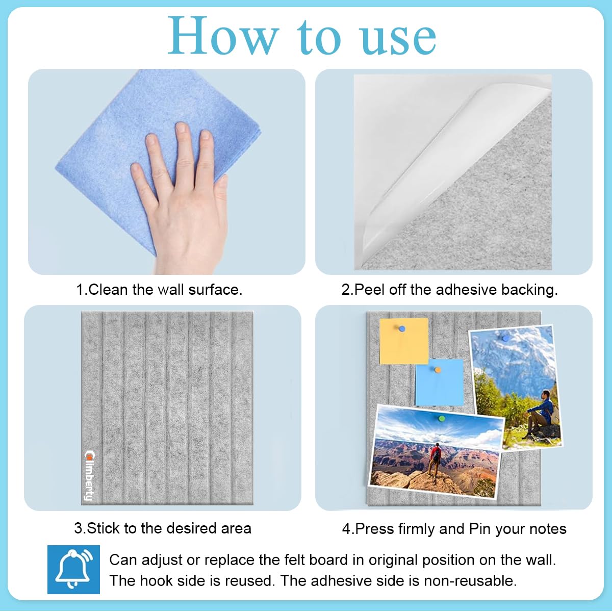 Climberty® 6Pcs Felt Bulletin Board Vision Board,30x30cm Self-Adhesive Wall Boards with 50pcs Drawing Pins,Felt Message for Paste Notes Photos Schedules (Grey) 3