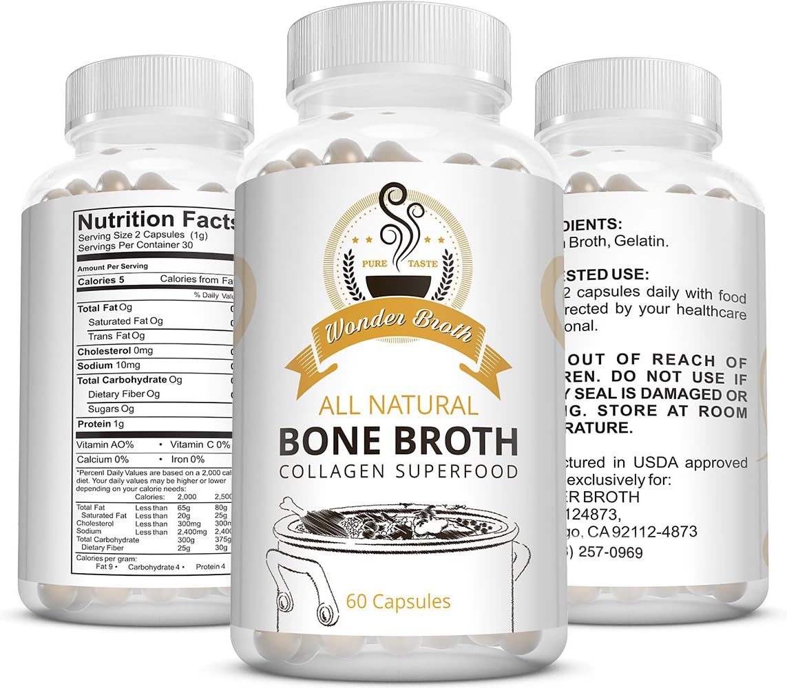 Wonder Broth: Collagen - All Natural Chicken Bone Broth Superfood (60 Ct) - Gelatin Promotes Hair and Nail Growth - Stronger Teeth and Can Prevent Cavities - May Reduce Cellulite - Chicken Broth