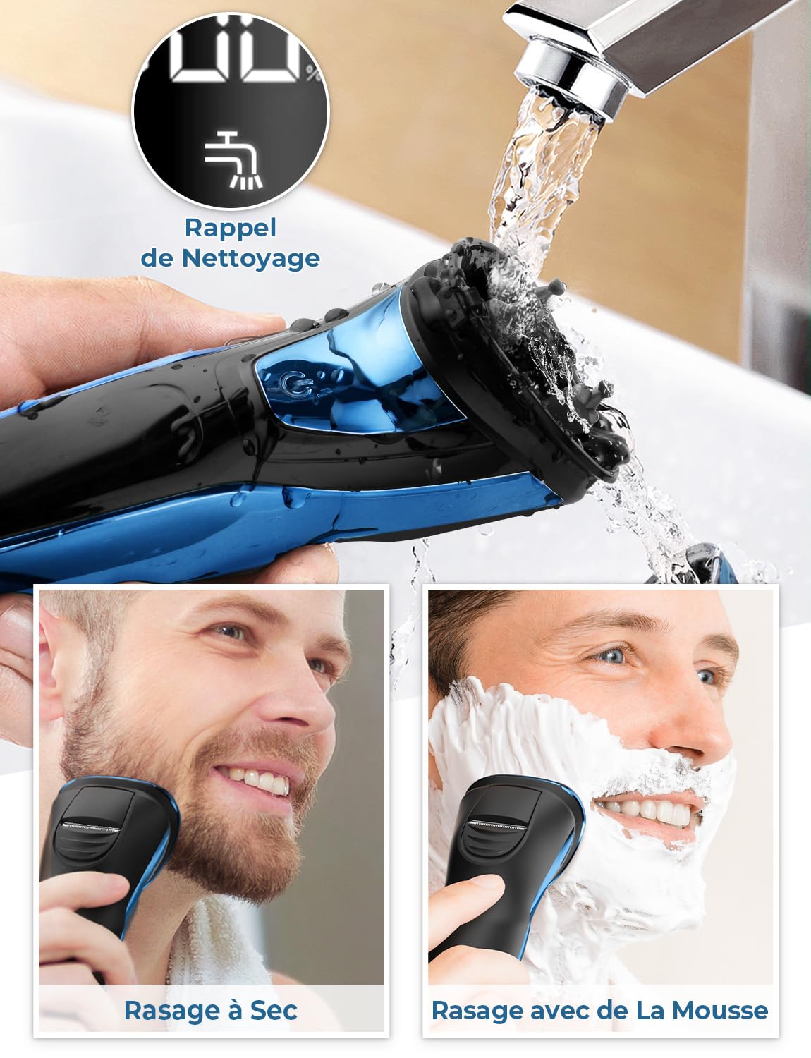 Rasoir Électrique pour Homme Rasoir à Têtes Rotatives avec Tondeuse Barbe de Précision IPX7 Rasoir à Sec et Humide avec Verrouillage de Voyage RS8336 Bleu Shaver Portable