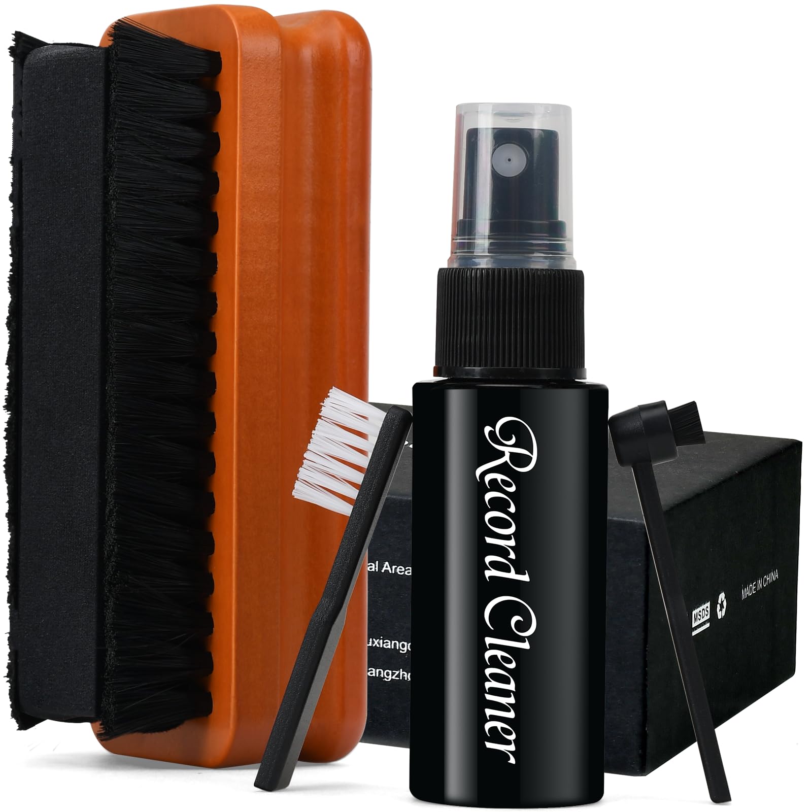 5 in1 Vinyl Record Cleaner Kit, Vinyl Records Cleaning Kit for Records Albums, Includes 2in1 Velvet & Microfiber Brush, XL Cleaning Liquid, Duster & Turntable Stylus Brush