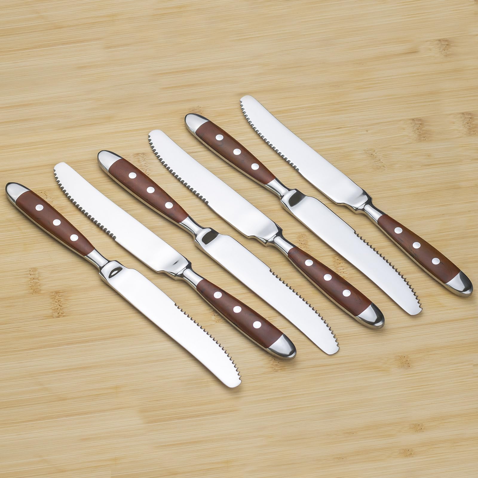 Alata Set di 6 coltelli da bistecca della serie Berlin di, set di coltelli da cucina per bistecca, manici marrone, acciaio inossidabile lucidato, bordo seghettato, per la casa, la sala da pranzo