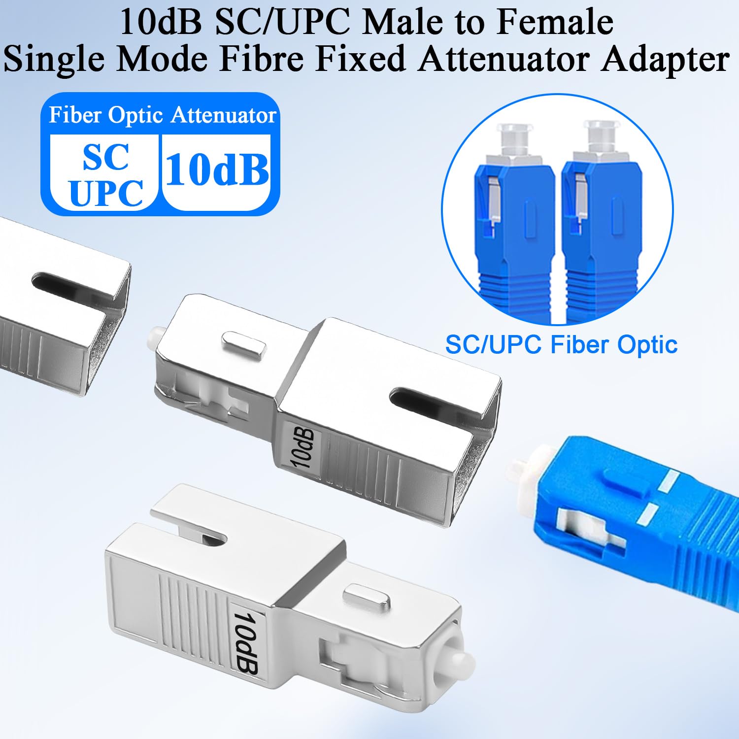 QIANRENON 10 dB SC/UPC Singlemode Fibra Ottica Attenuatore Fisso Adattatore SC Maschio a Femmina Fibra Ottica Fissa Attenuatore Valore Attenuatore 10dB ± 1, per FTTH CATV PON Fibre Network