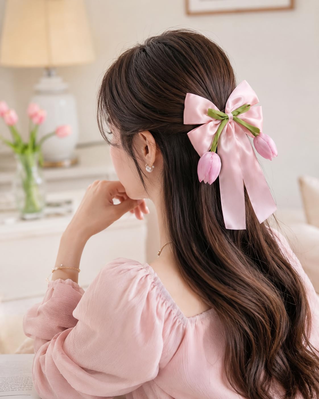 Satin Tulip Bow Ribbon Hair Clips, Pink and Ivory, with Secure
