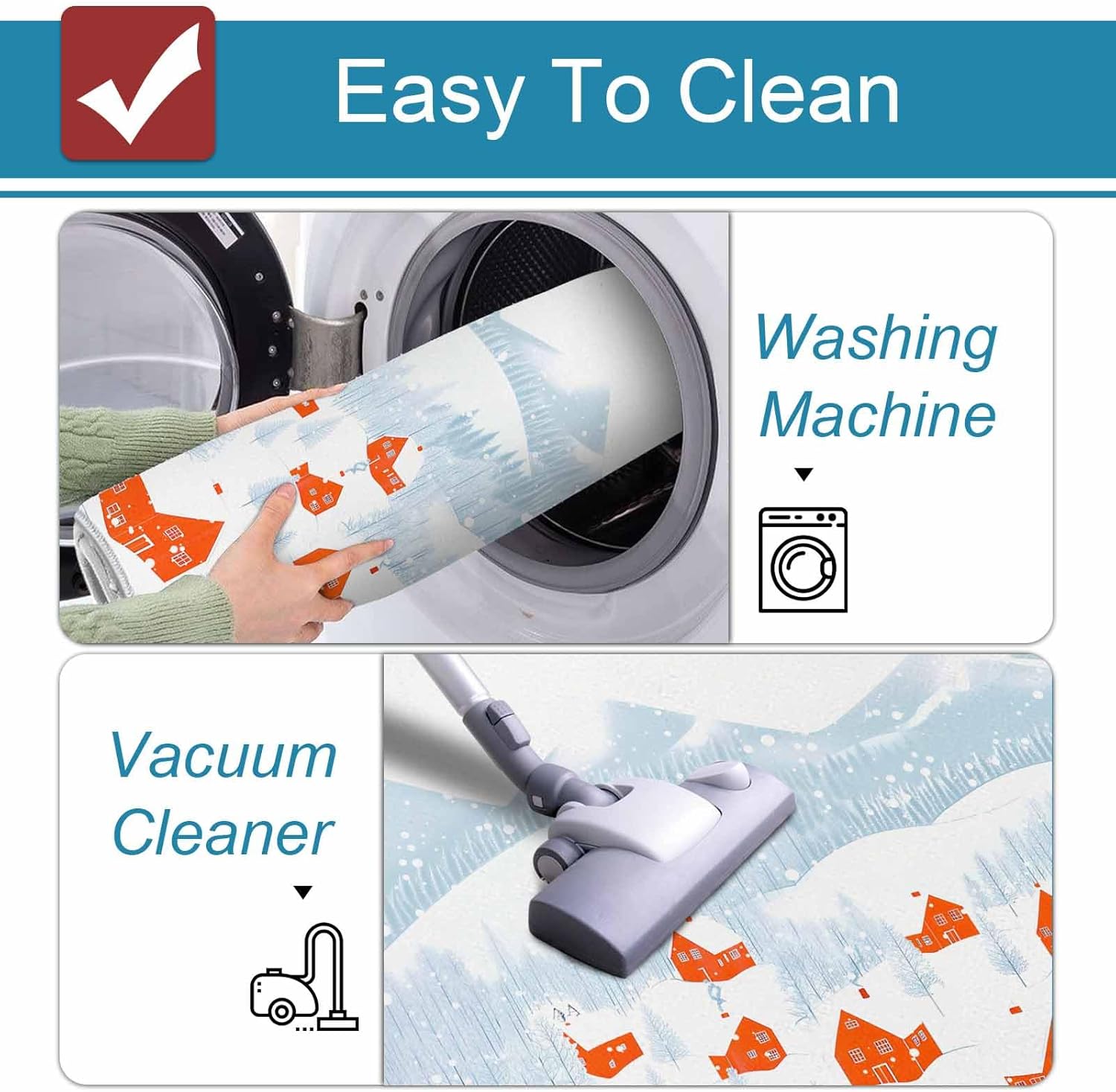 Kitchen Rugs and Mats Set of 2,Christmas Snowy Forest Winter Town Non Slip Area Runner Floor Cushioned Carpet Red House Winter Snow Scene Comfort Standing Mat for Kitchen Sink Laundry