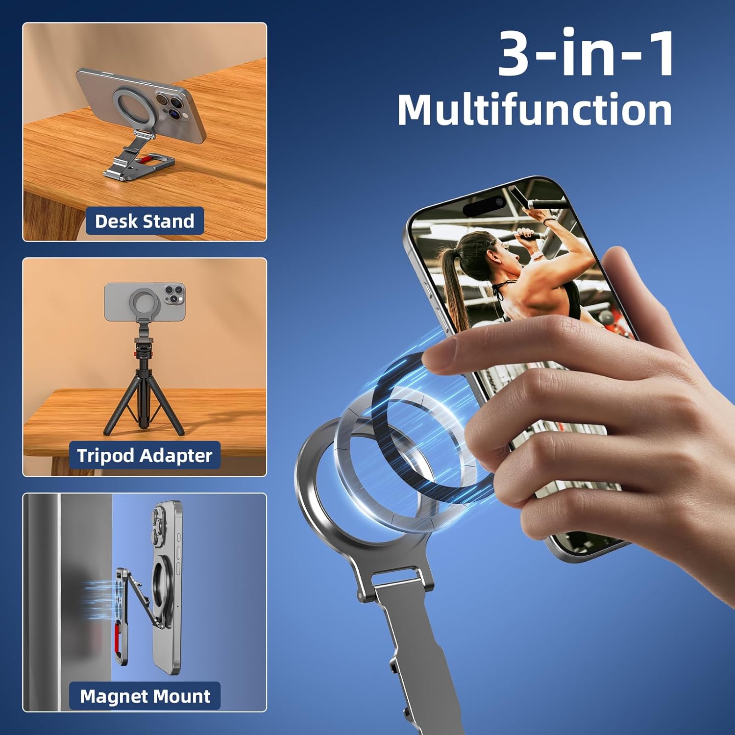 Magnetic Phone Mount for MagSafe, Maglock Tripod Adapter Magnet Golf Gym Workout Stand Metal Carabiner Dual Holder with 1/4 Screw Hole, for iPhone 16 15 14 13 12 Series Foldable Portable Accessories - Image 2