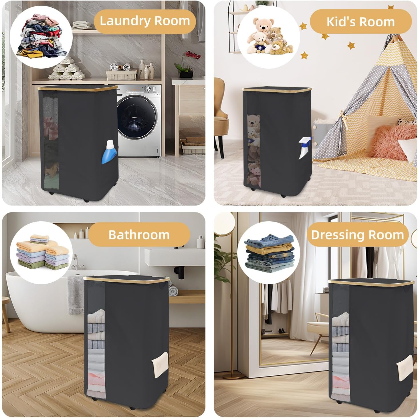 Rolling Laundry Hamper with Lid & Wheels, 110L Slim Double Black Laundry Hamper 2 Section, Narrow Large Laundrys Hampers with Removable Bags&Breathable Mesh, Dirty Clothes Hampers for Bedroom