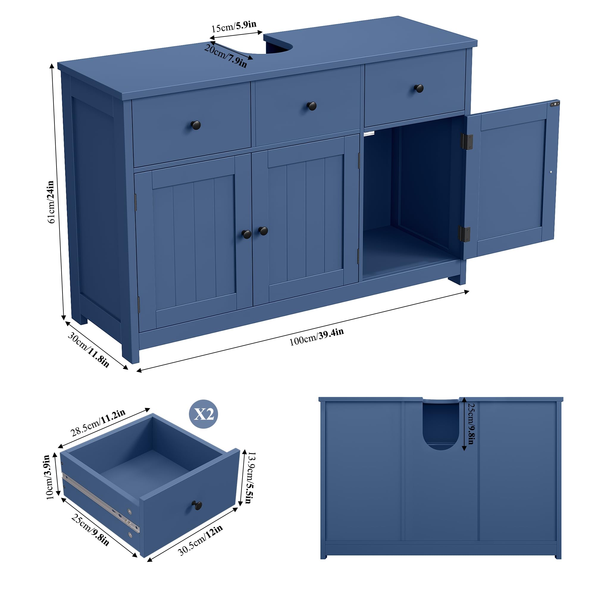 FOREHILL 100cm Mueble Bajo Lavabo, Mueble Baño, Mueble Lavabo con Pie, con 3 Puertas, 2 Cajones, 100 x 30 x 61 cm (Azul)