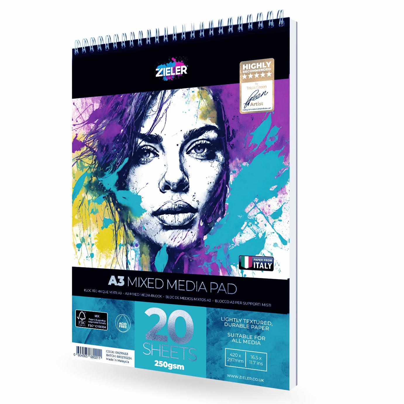 Artists Mixed Media Pad (Spiral Bound) | 250gsm - High White, Lightly Textured Paper | 20 Sheets | Ideal for Pencil, Ink, Charcoal, Pastel & Paints - by Zieler® (A3 (29.7 x 42cm))