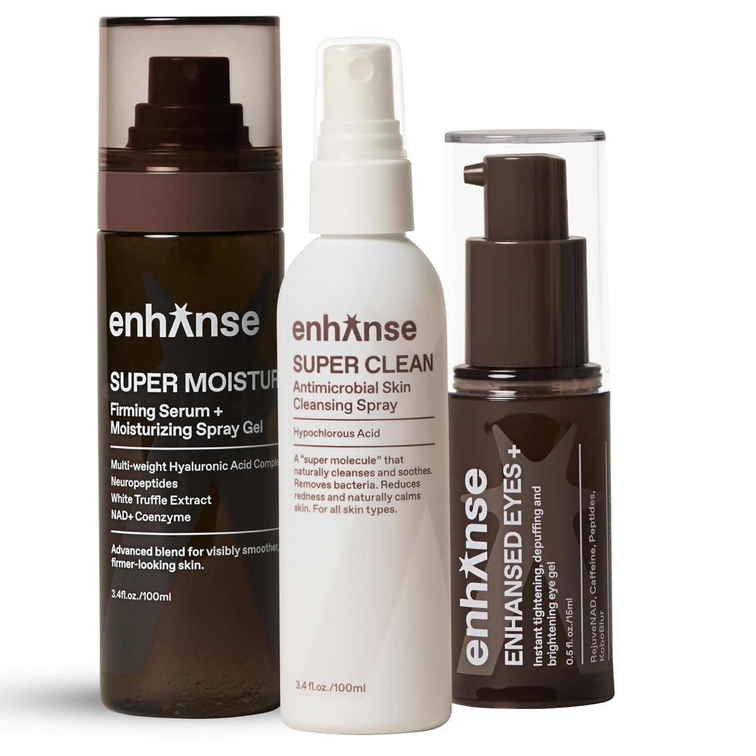 ENHANSE The Revive Routine, Super Moisture & Super Clean Face Mist Hypochlorous Acid Spray & Under Eye Gel for Men, 3 Bottles