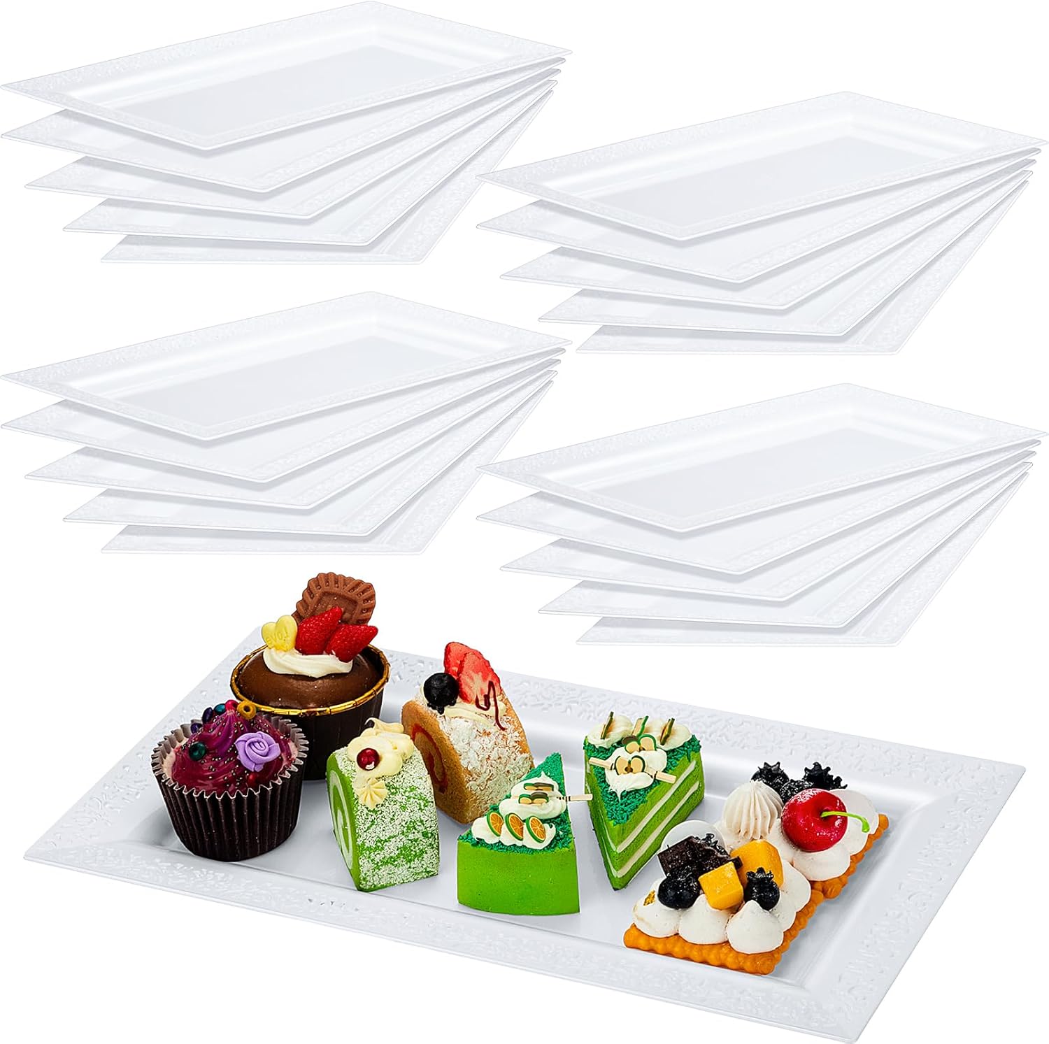 Maxcheck 24 Pcs Gold Plastic Serving Tray Platter Set 14 x 7.5 Inches Gold Lace Rim Serving Trays for Food Dessert Fruit Cupcake Weddings Table Parties Display