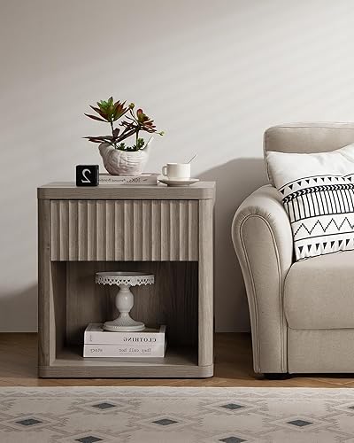 Miniatura 9 de SICOTAS Juego de 2 mesitas de noche con cajón, mesa auxiliar de cama acanalada, mesa auxiliar grande, moderna y ancha, mesita de noche de mediados