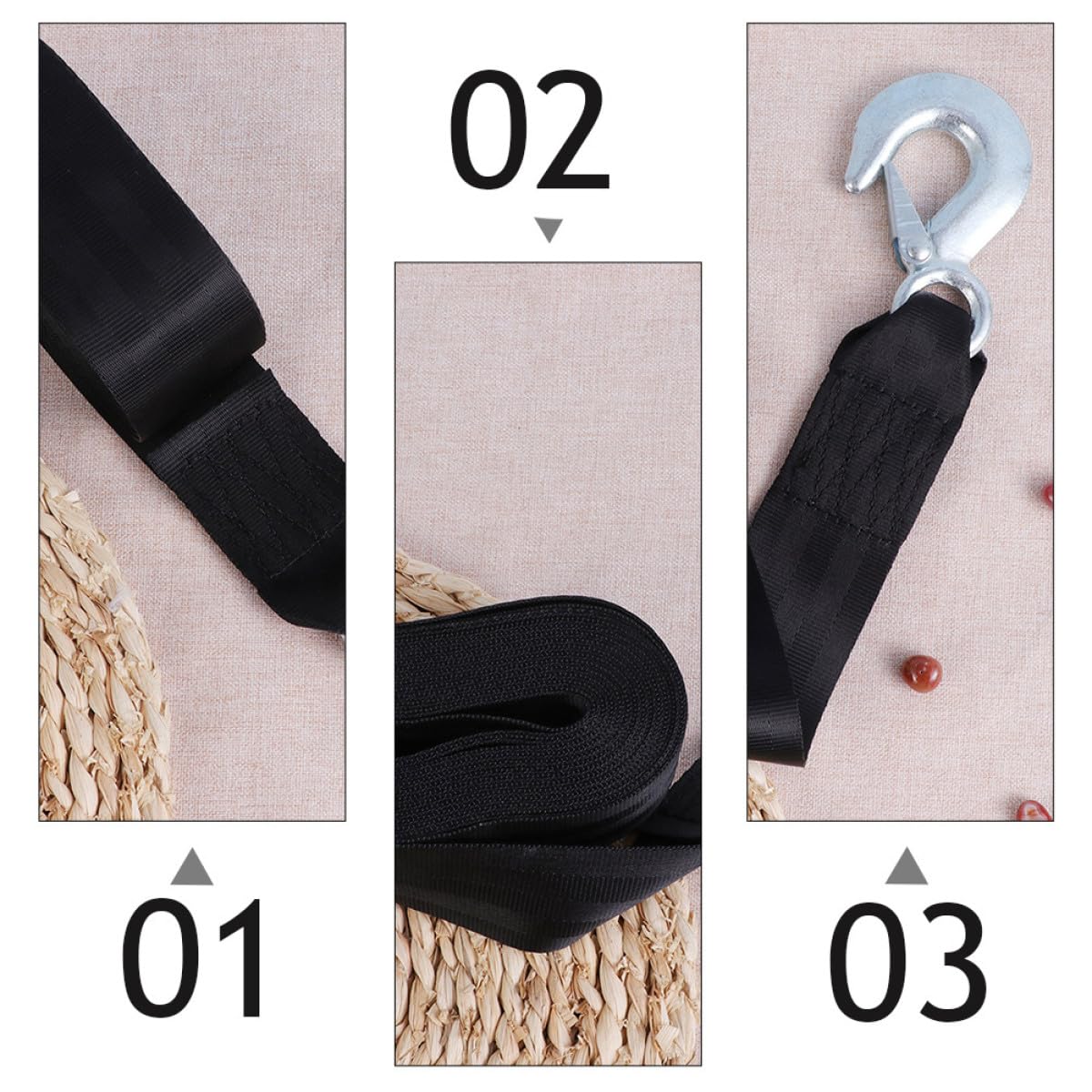 Ipetboom Cinghia per Verricello Rimorchio 1,5 Tonnellate in Poliestere Nero 4,7 Cm di Larghezza con Gancio in Acciaio Struttura Semplice Portatile per Uso Marino