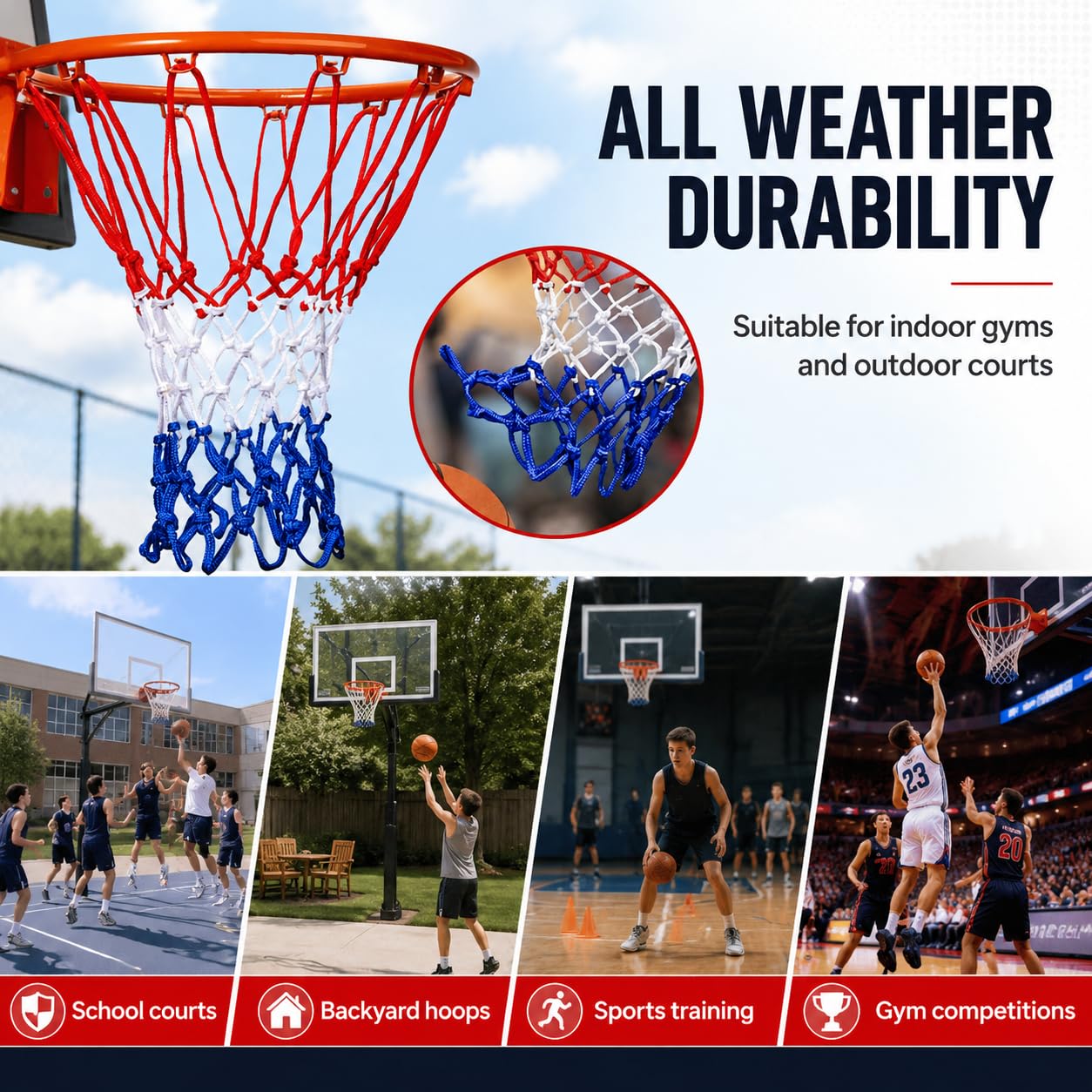 Basketballkorbnetz aus Nylon, 8 Schlaufen, Standard, langlebig, Ersatznetz, professionelles Wettkampfnetz, Weiß, Rot, Blau, 2 Stück