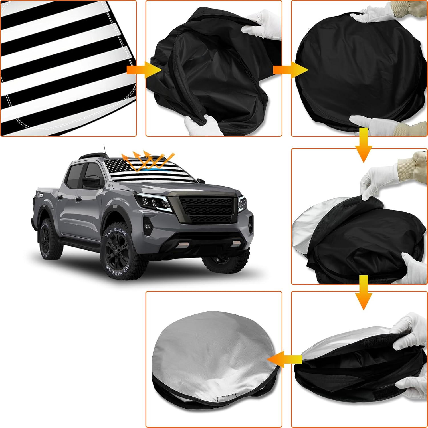 D-Lumina Winshield Sun Shade with USA Flag for 2022 2023 2024 2025 Nissan Frontier, Foldable Front Sun Shield Protector Blocks UV Rays, Window Sunshade Sun Visor Interior Accessories