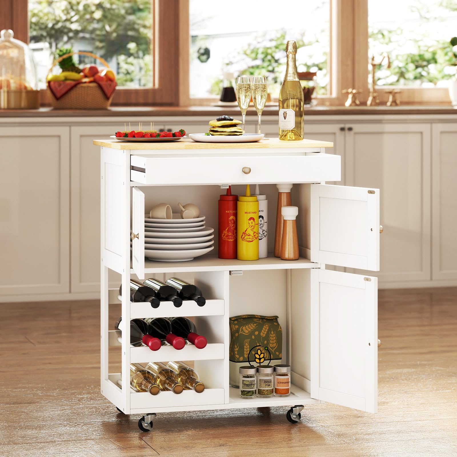 GIANTEX Carro de Cocina Móvil, Carrito Multifunción con un Cajón, 2 Armarios y Botellero de 3 Capas para Comedor, Salón, 67x37x86cm (Blanco)