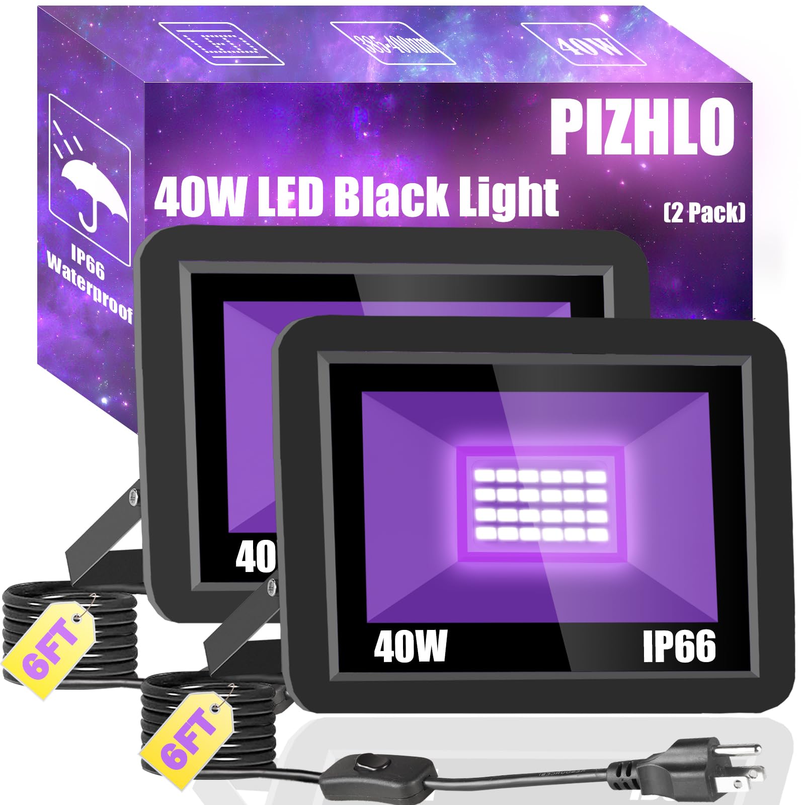 40W Black Light IP66 Waterproof Outdoor Flood Light with 6ft Cord+Plug+Switch, Blacklight Floodlight for Halloween Neon Glow in The Dark Fluorescent Poster Body Paint Bedroom 2 Pack