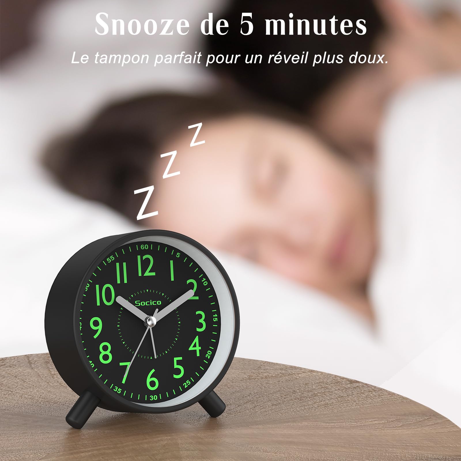 SOCICO Réveil Analogique Horloge de Chevet Rétro Ronde Métal Piles Veilleuse Fonction Snooze Noir