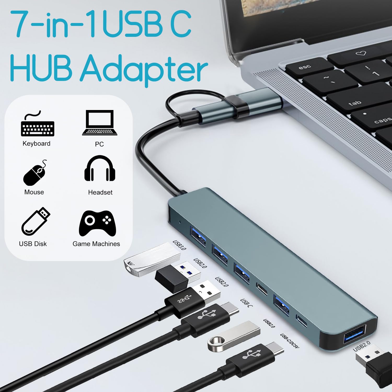 Hub USB 7-in-1 A Doppia Testa – Presa USB-A E USB-C, 5 Porte Dati (1x USB 3.0 + 4x USB 2.0) + 2 Porte USB-C, Adattatore Multi-Dispositivo Ad Alta Velocità