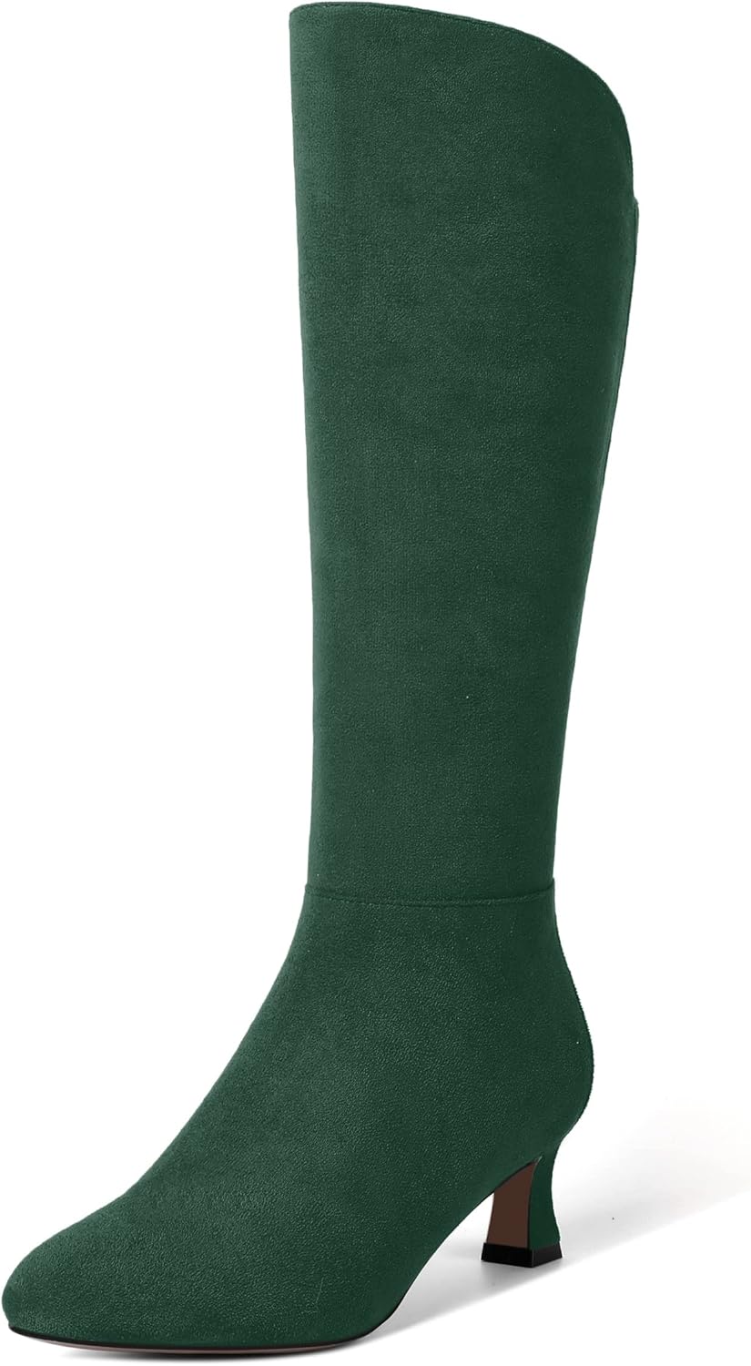 AMBELIGHT Womens Dress Suede Dating Pointed Toe Dress Boots Zip Kitten Low Heel Mid Calf Boots 2 Inch