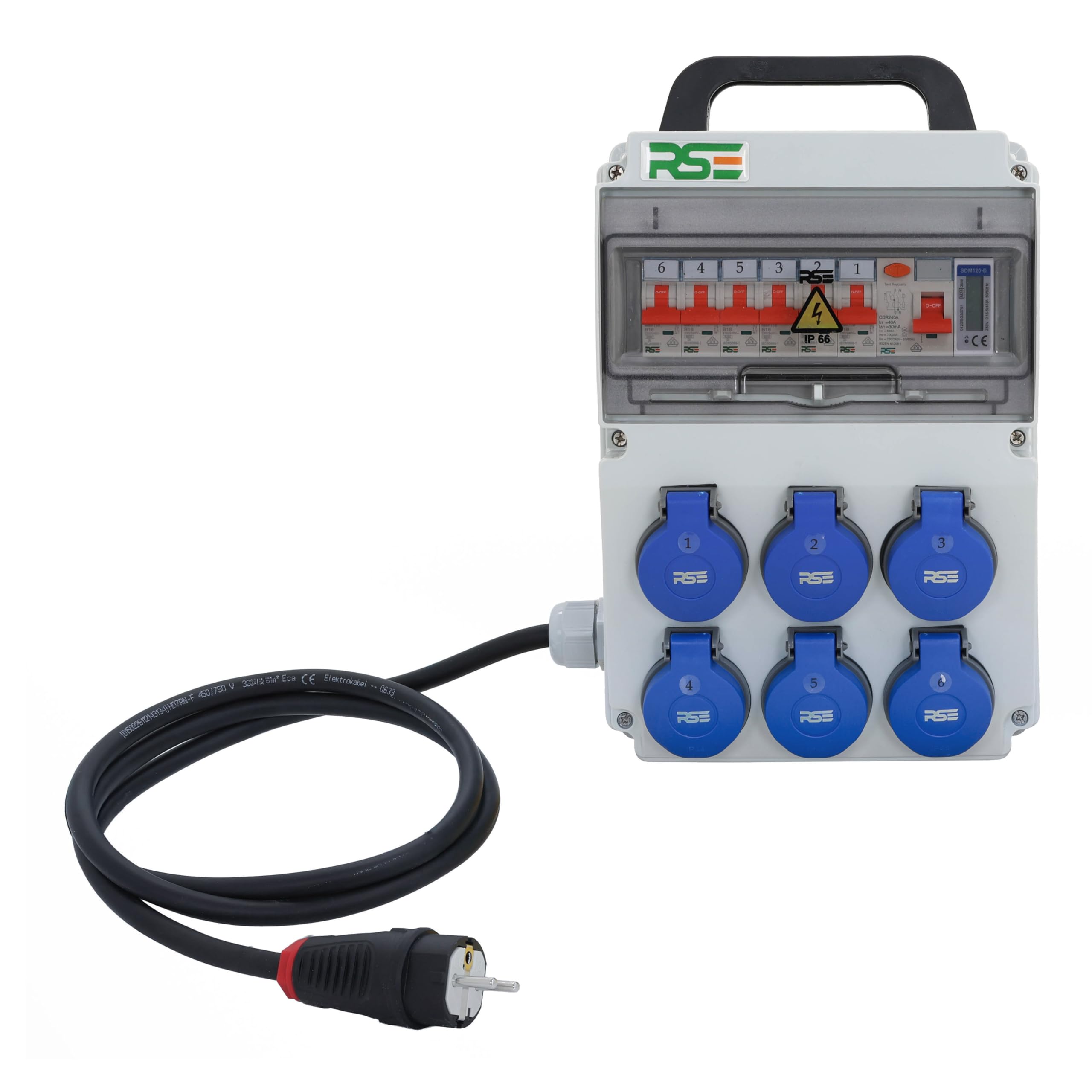 Dystrybutor naścienny z puszką wtykową, licznik IP65: 6 x 230 V z LS + FI + licznik, z kablem przyłączeniowym 3G2,5 mm² 1,5 m, wtyczka z zestykiem ochronnym 16 A (230 V), z uchwytem