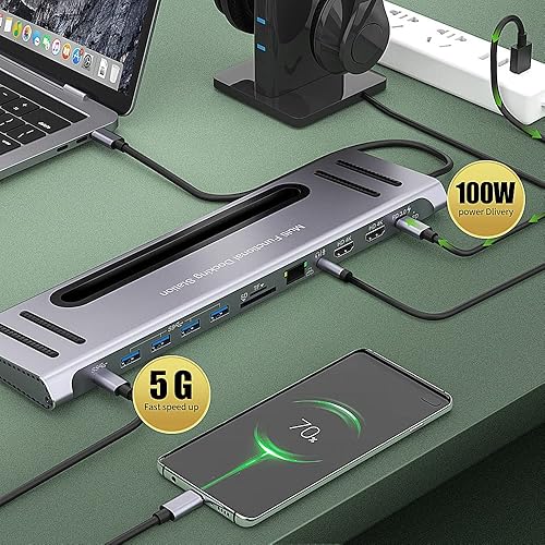 Miniatura 4 de Estación de acoplamiento USB C, adaptador ONTEN USB-C a HDMI dual HUB .12 en 1 USB-A 3.0, USB-C 3.0, USB-C 3.0. Lector de tarjetas sdtf Gigabit