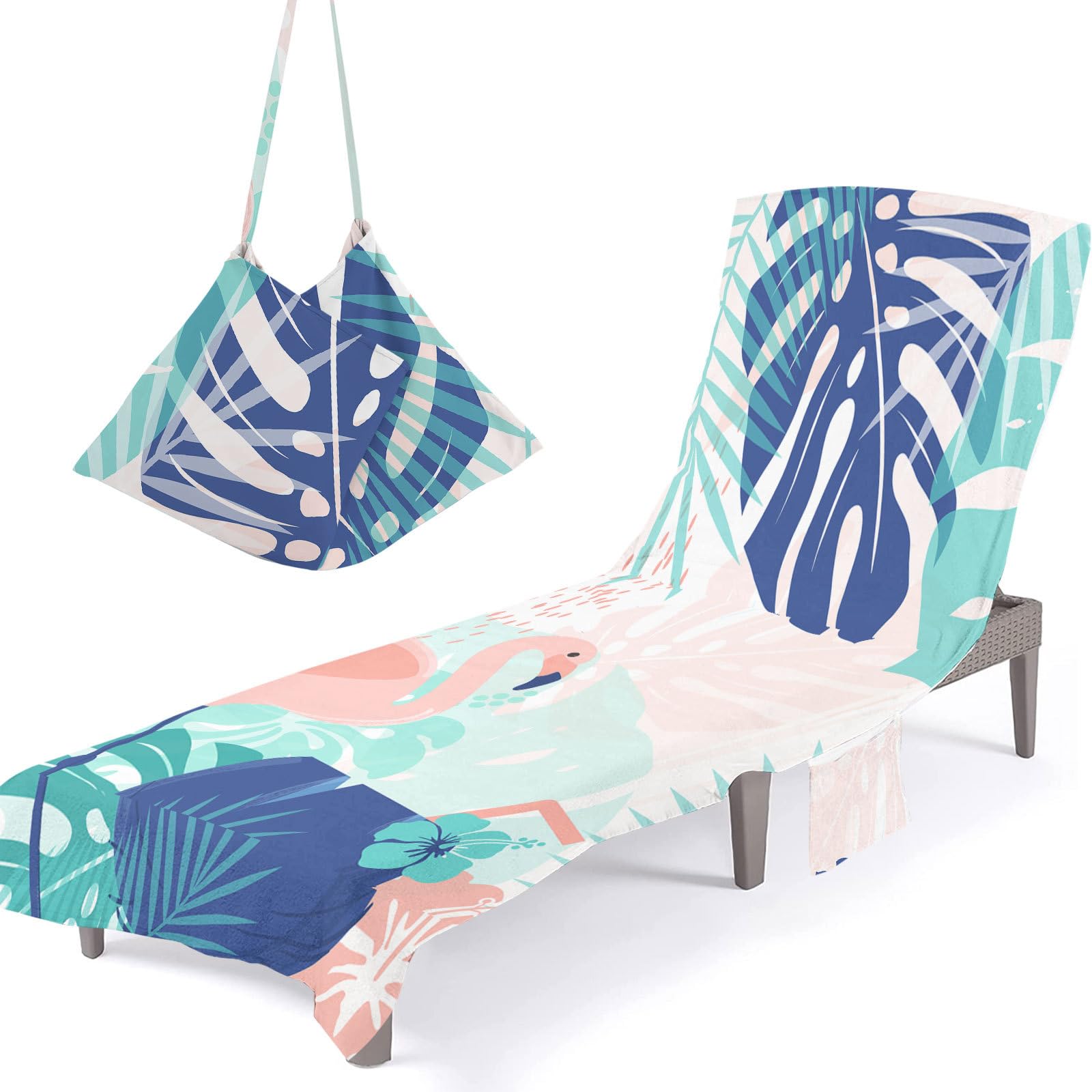 Surwin Sun Lounger Beach Towel with Pockets, Banana Leaf Summer Beach Chair Cover Chaise Lounge Towel Cover Mate Sunbed Towels For Holiday Garden Outdoor Pool (75x210cm,Flamingo)