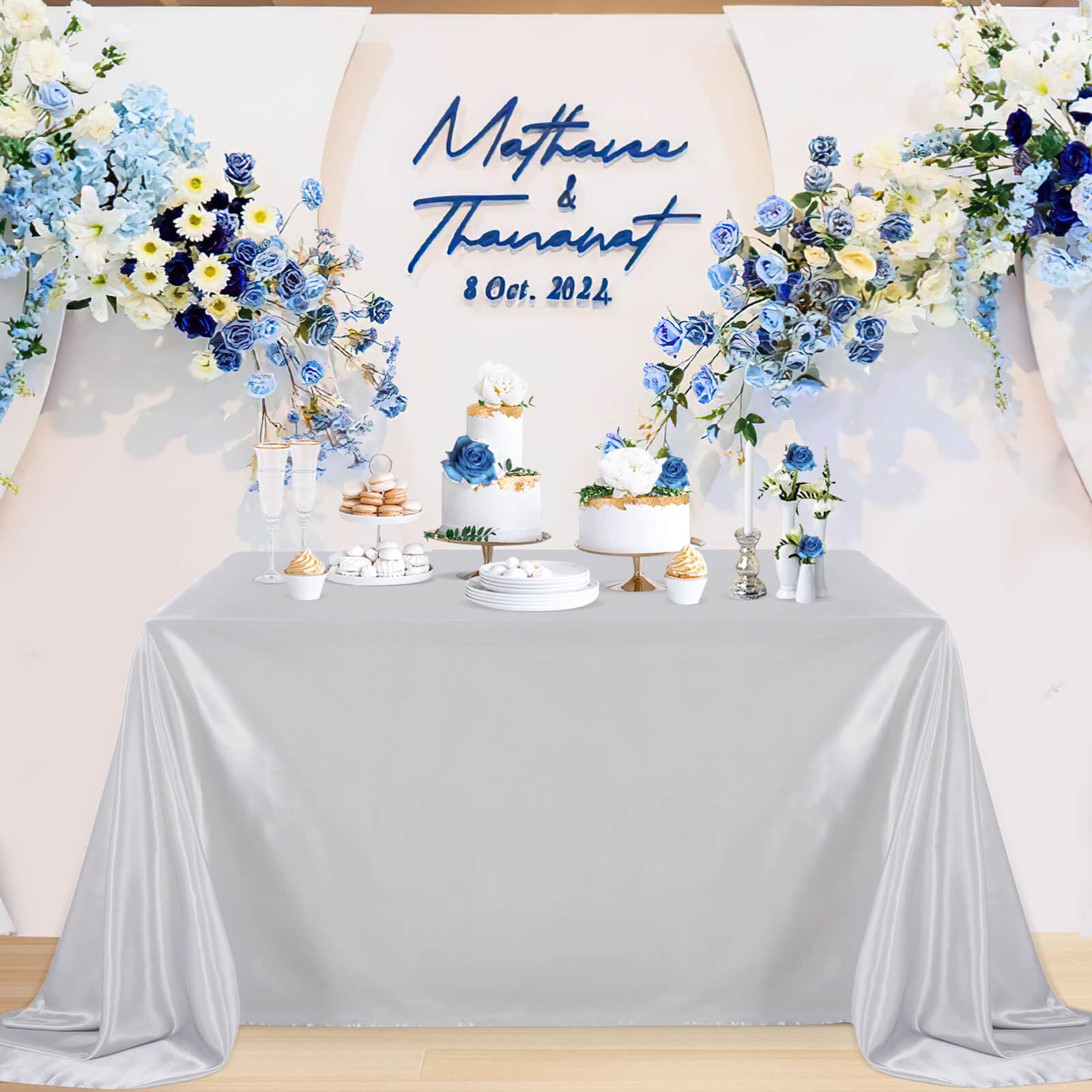 B-COOL Mantel de satén plateado: mantel de seda brillante para fiesta de boda, paquete de 2 paquetes de 59 x 120 pulgadas, rectangular, para mesa de Pascua, para vacaciones, bodas, fiestas, eventos