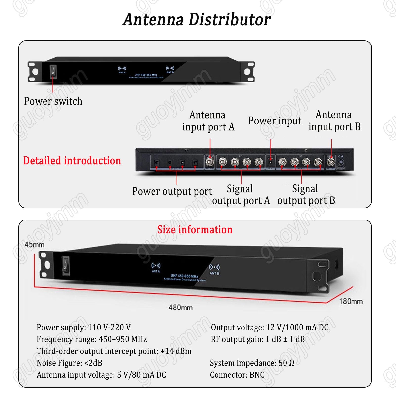 Amplificatore di Segnale per Microfono Wireless, Distribuzione dell'Antenna UHF, 8 Uscite + 2 Porte a Cascata, Gamma di Frequenza 450-950 MHz, per Spettacoli sul Palco, Matrimoni