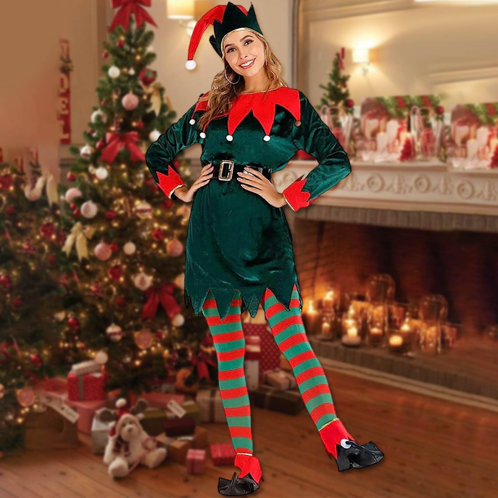Faschingskostüme Damen Weihnachtselfen Kostüm Damen Lustig Grün Clown Outfit Perfekt Für Weihnachtsparty Und Cosplay Elfenkostüm