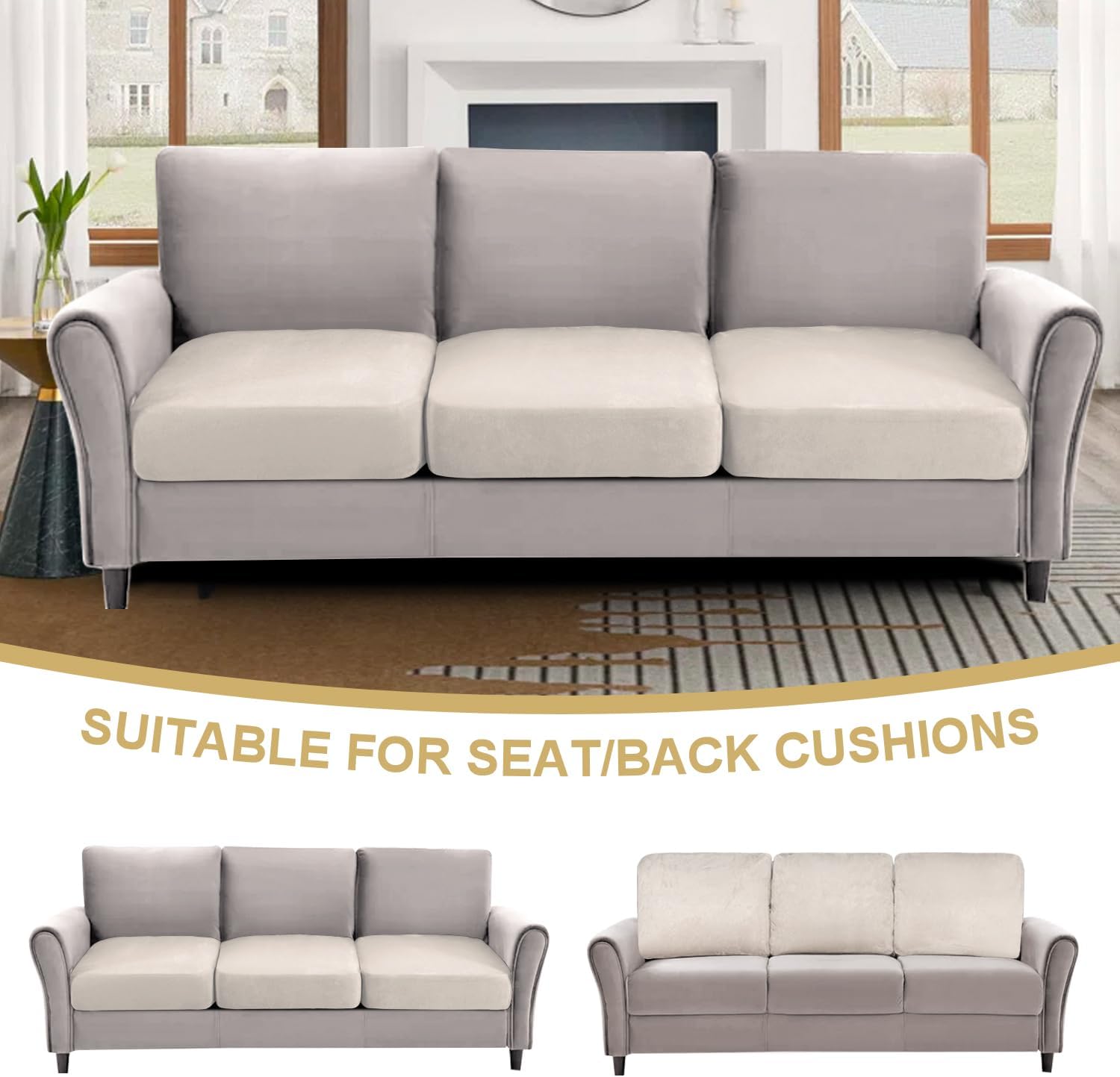 H.VERSAILTEX Individual Cushion Covers Stretch Couch Covers Soft Suede Sofa Cushion Covers Washable Cover for Sectional Sofa(3 Piece Sofa Cover,Natural)