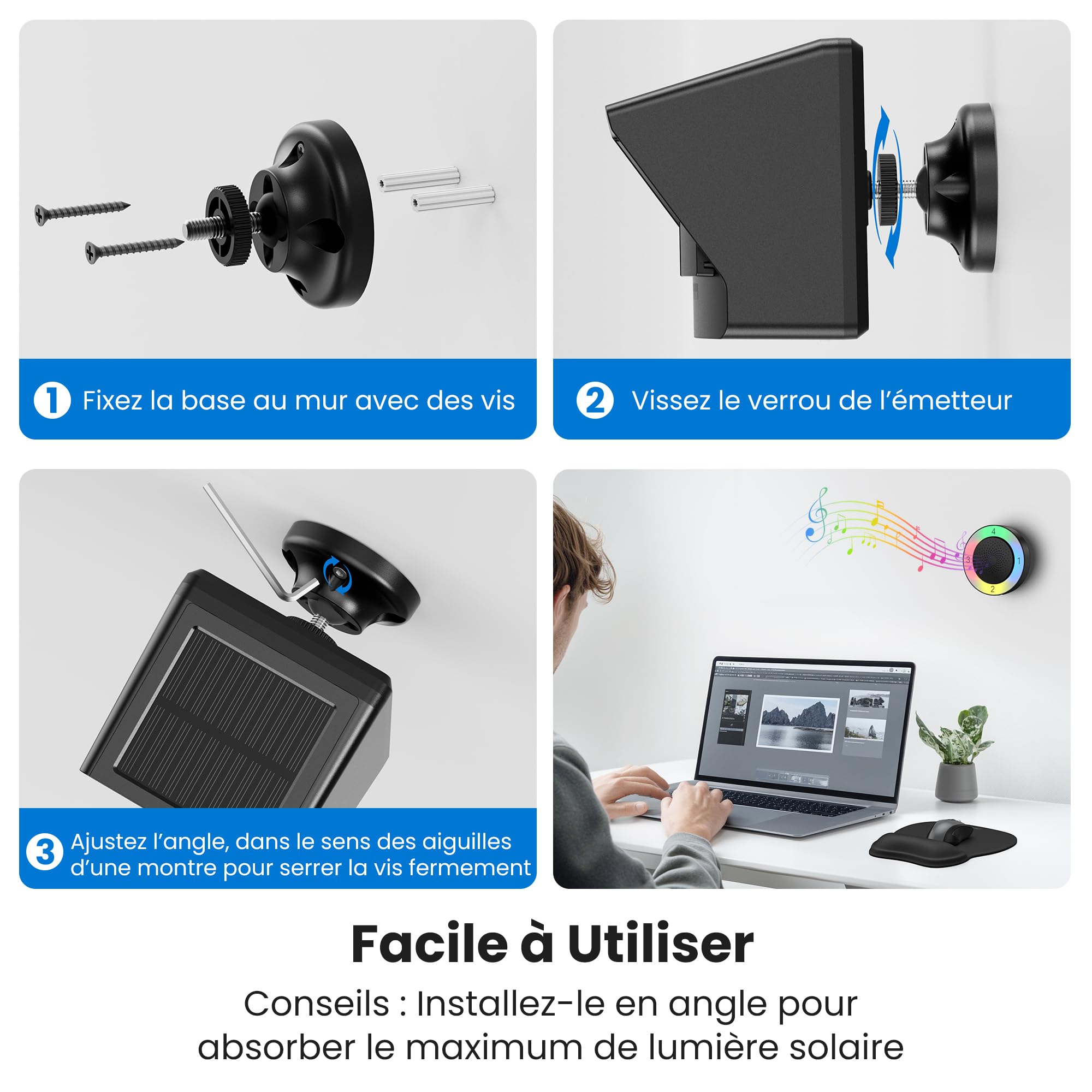 TECKNET Alarme Solaire sans Fil pour Allée, Portée 800 m, Détecteur de Mouvement Étanche, 36 Mélodies, 5 Volumes, 4 Zones, Intérieur/Extérieur (1 Récepteur 1 Capteur)