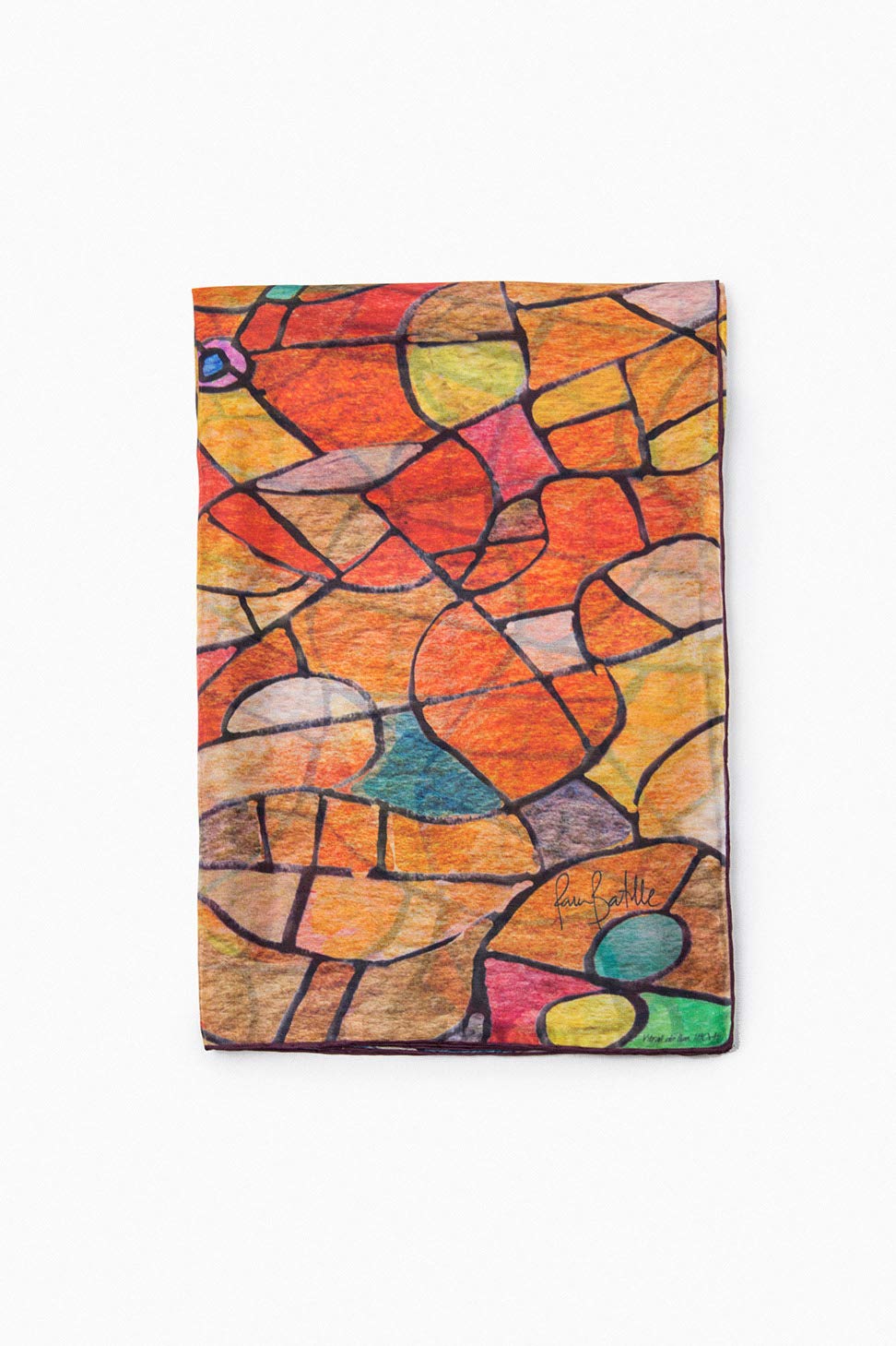 Roter Seidenschal mit Mosaikdruck für Herren, ein Design, inspiriert vom Buntglaslicht der Sagrada Familia in Barcelona