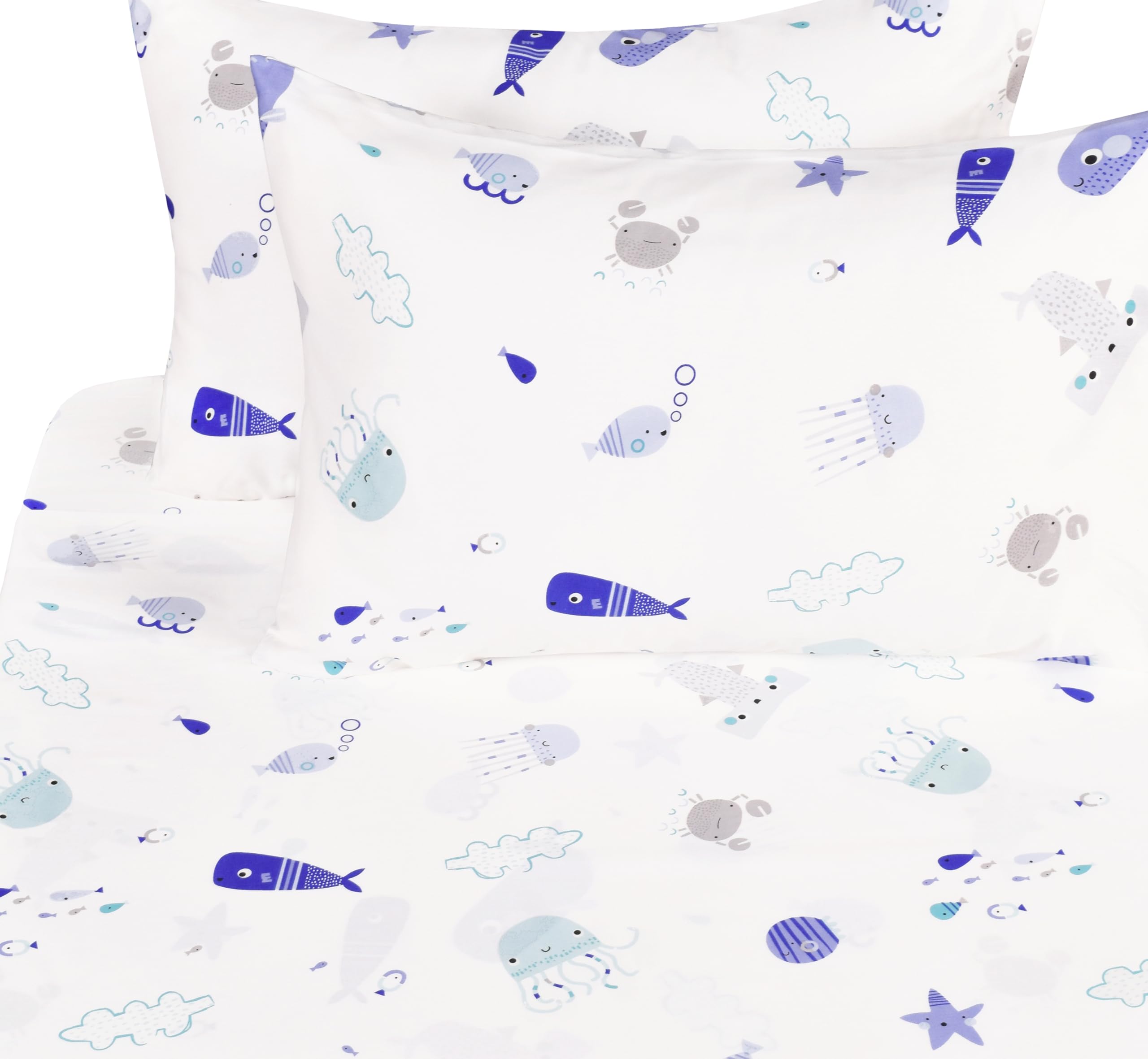 J-pinno Sea Animal Fish Whale Underwater World Cute Cozy Fun Full Sheet Set for Kids Girls Children100% Cotton, Flat Sheet + Fitted Sheet + Pillowcase