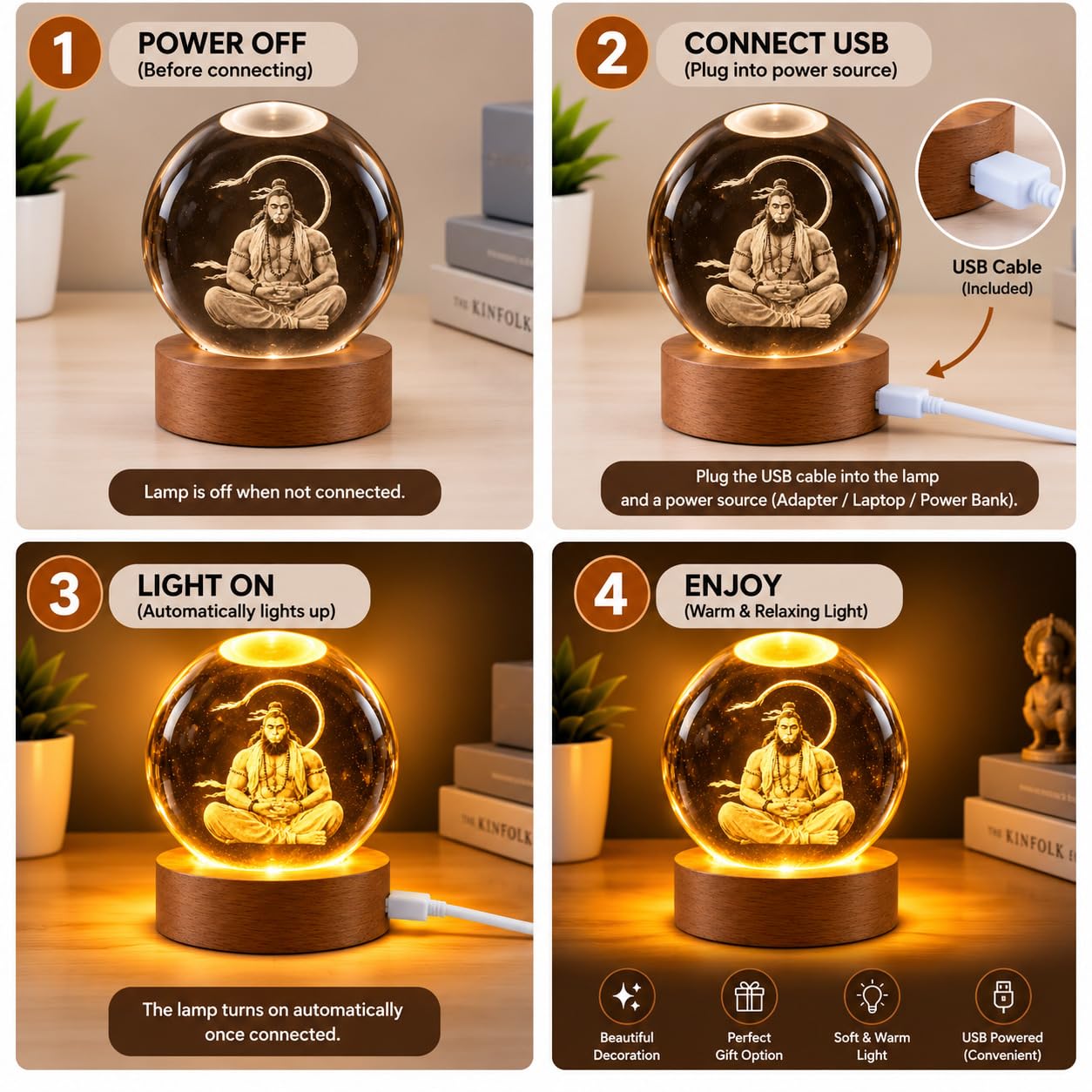 Meditating Hanuman Crystal Ball Lamp - USB LED -8