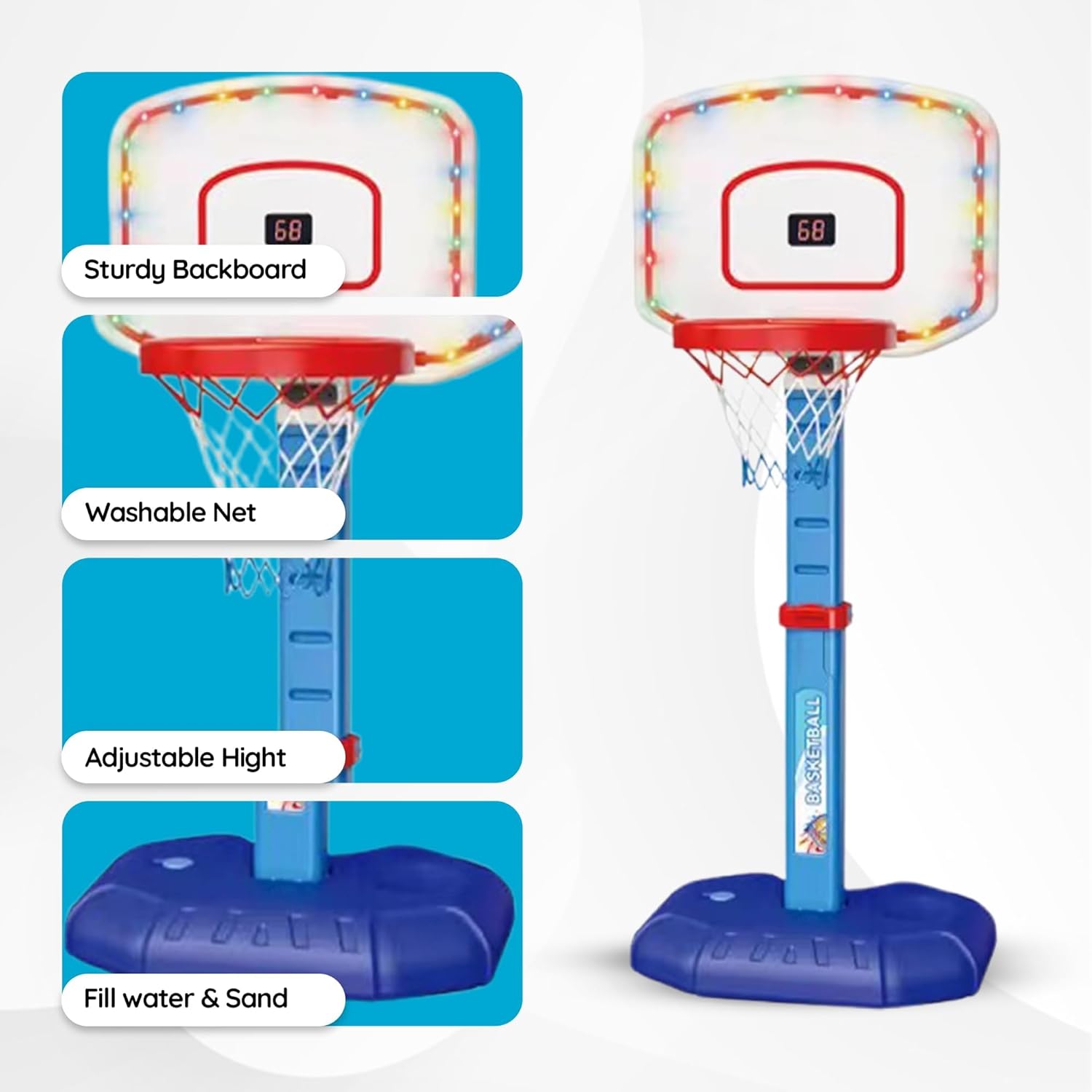 Basketball Hoop Set for Kids Toddler Indoor Outdoor, Digital Scoreboard, Adjustable Height 3 Levels, 2 Balls, Easy Setup, Poolside Sports Portable Goal, Ages 3-12, Toy for Boys Girls.