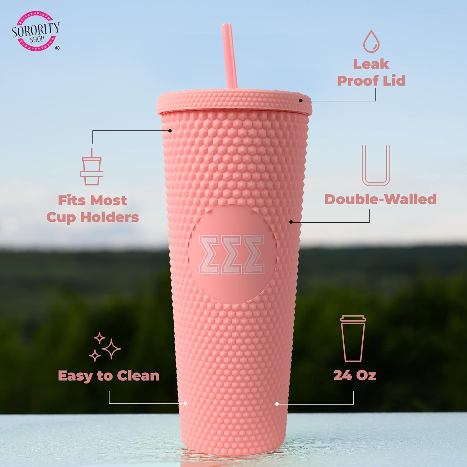 Sorority Shop Phi Sigma Sigma Studded Tumbler with Straw - 24 Oz Tumbler with Lid and Straw, Matte Coral, Reusable Plastic Cup with Screen Printed Greek Letters for Water, Ice Coffee or Any Drink - Image 2