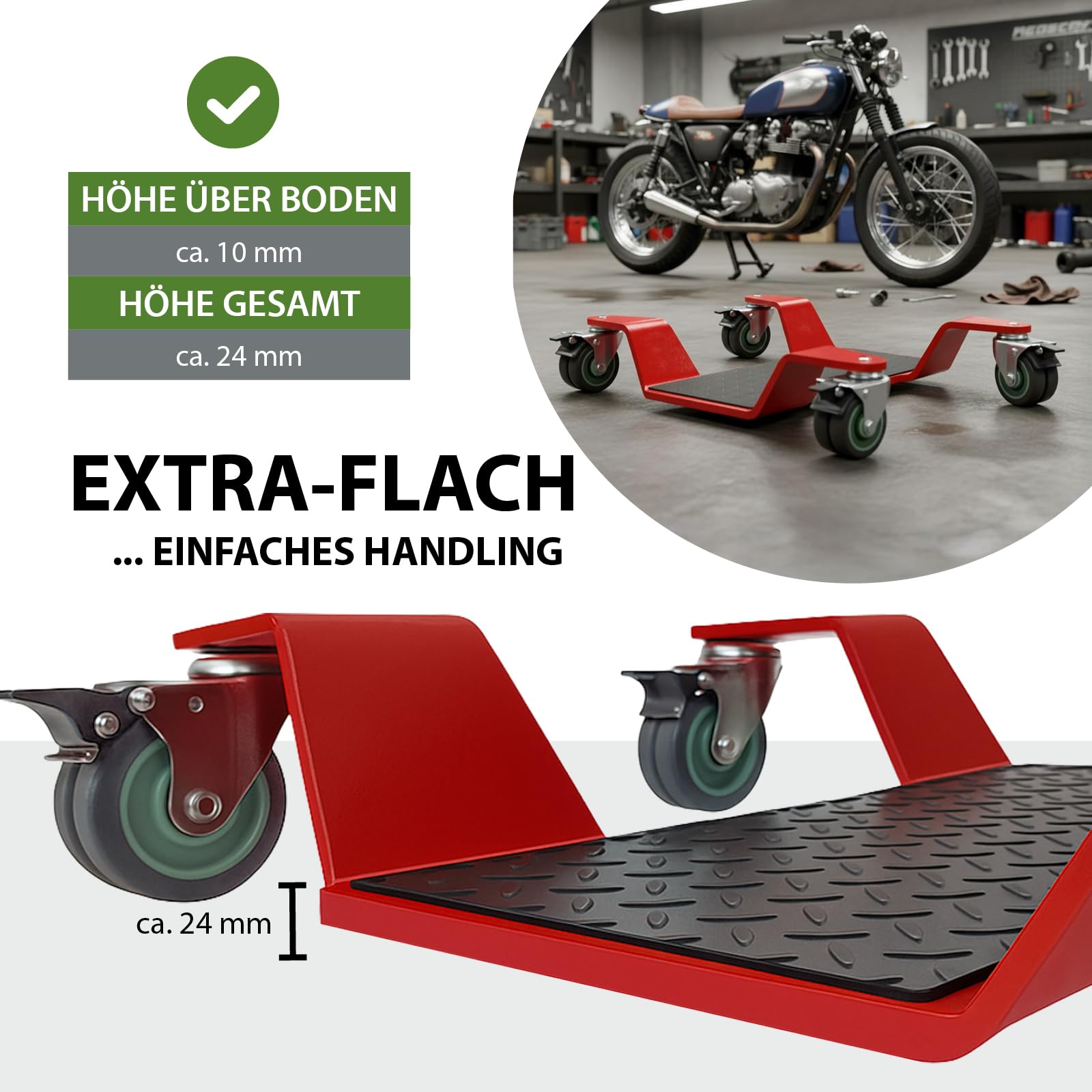 TRUTZHOLM Rangierhilfe für Motorrad mit Hauptständer Tragkraft 450 kg Rangierplatte extra-flach mit 4x Doppenrollen 360° schwenkbar und 4x Feststellbremse Rangierroller 10 mm dicker Stahl in rot
