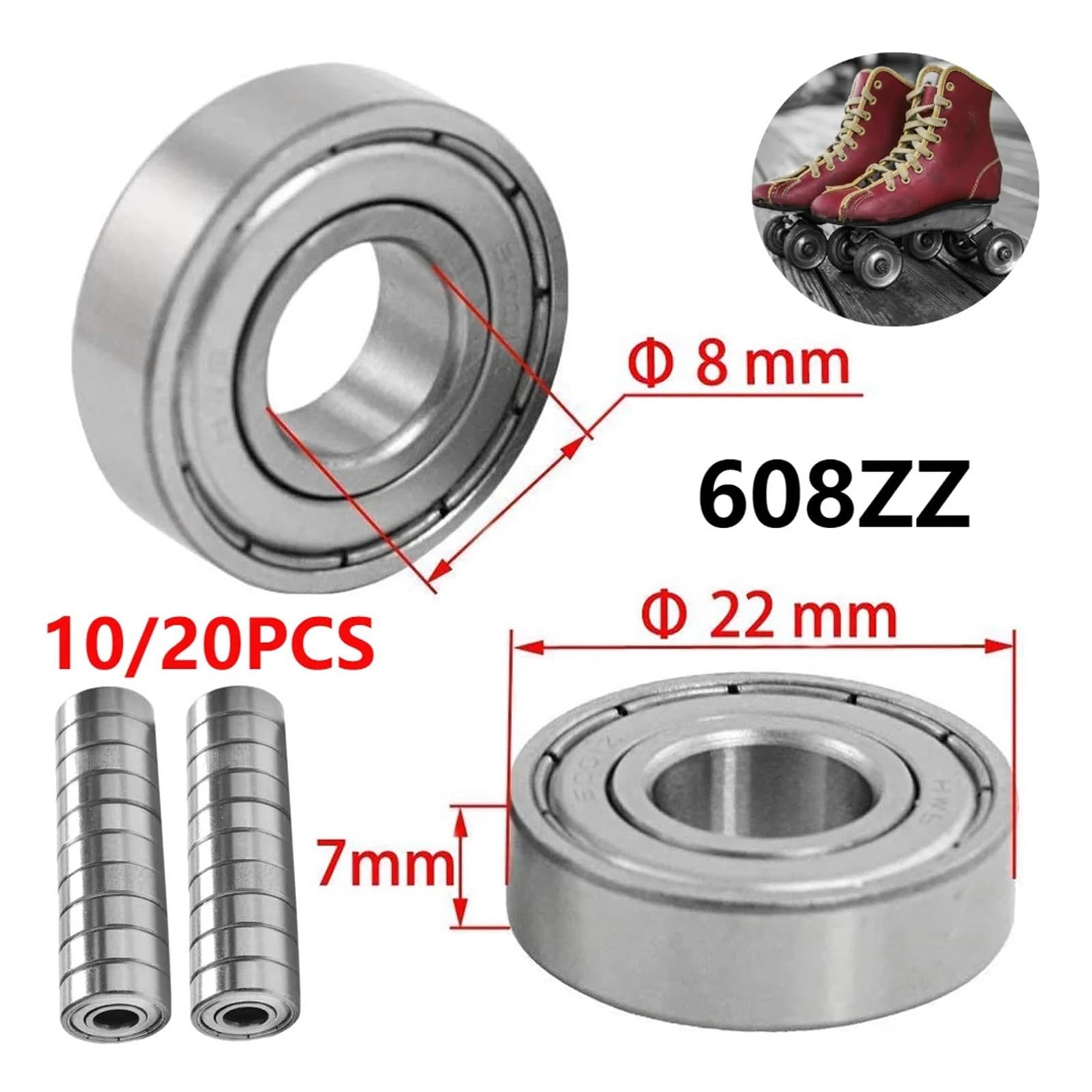 10 Stück 608ZZ Skateboard-Kugellager, einreihige Miniaturlager, 8x22x7mm Kugellager for Skateboards, Inlineskates und Scooter(20PCS)