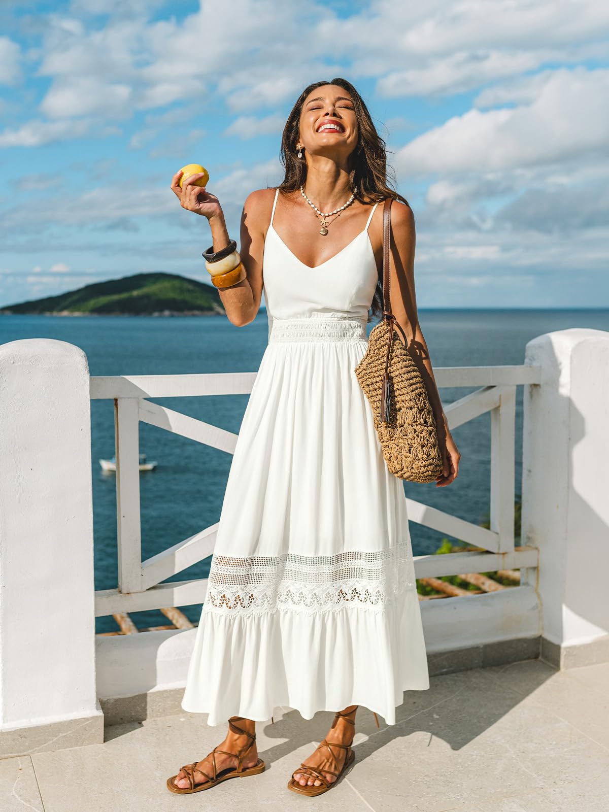 CUPSHE Robe longue d'été sans manches en dentelle à bretelles spaghetti pour femme