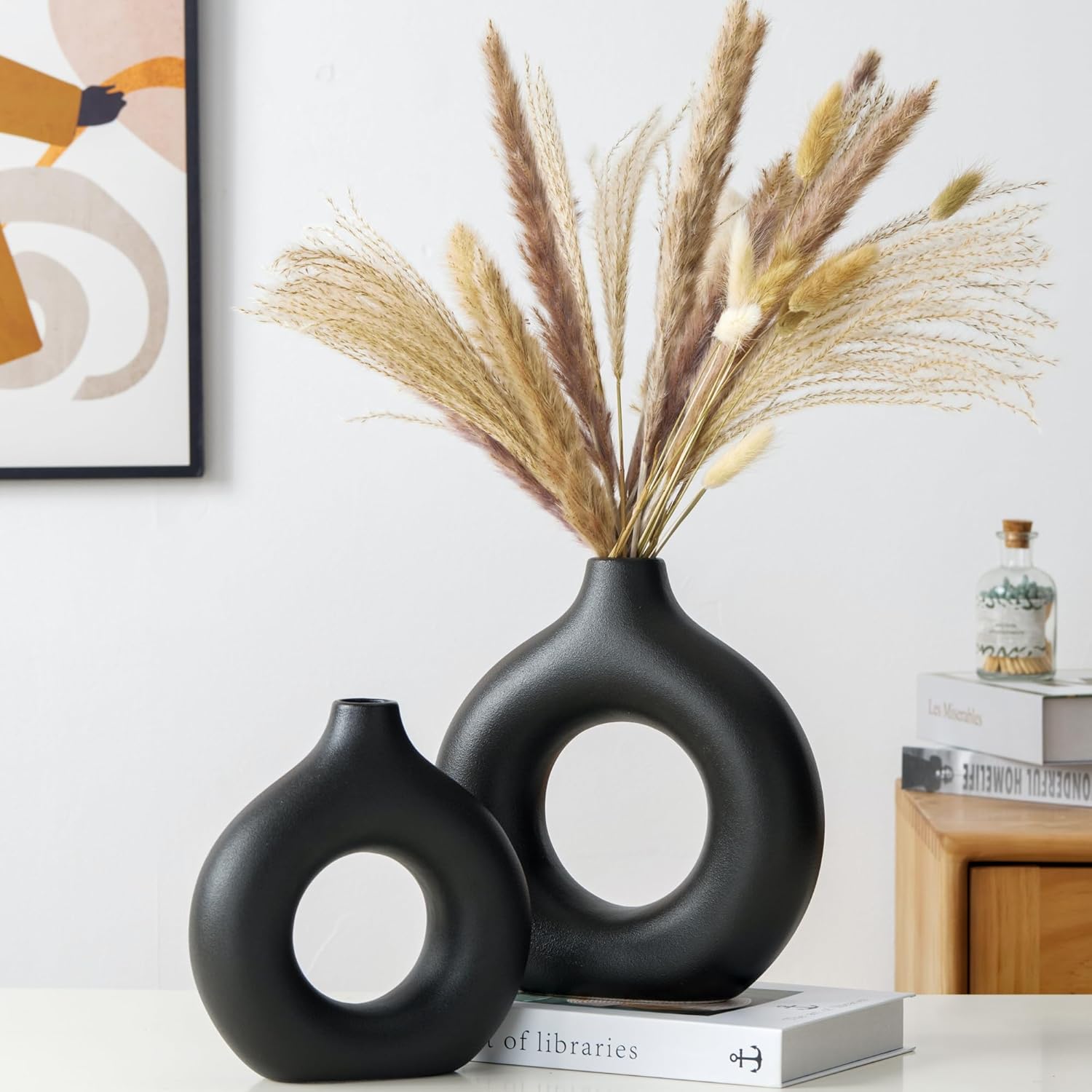 Modern Donut-Shaped Decorative Vases, Handmade Minimalist Boho ins Style, Modern Vase for Home Decor for Wedding Dinner Table Party Living Room Office Bedroom (Black, Large + Small) Black Large + Small